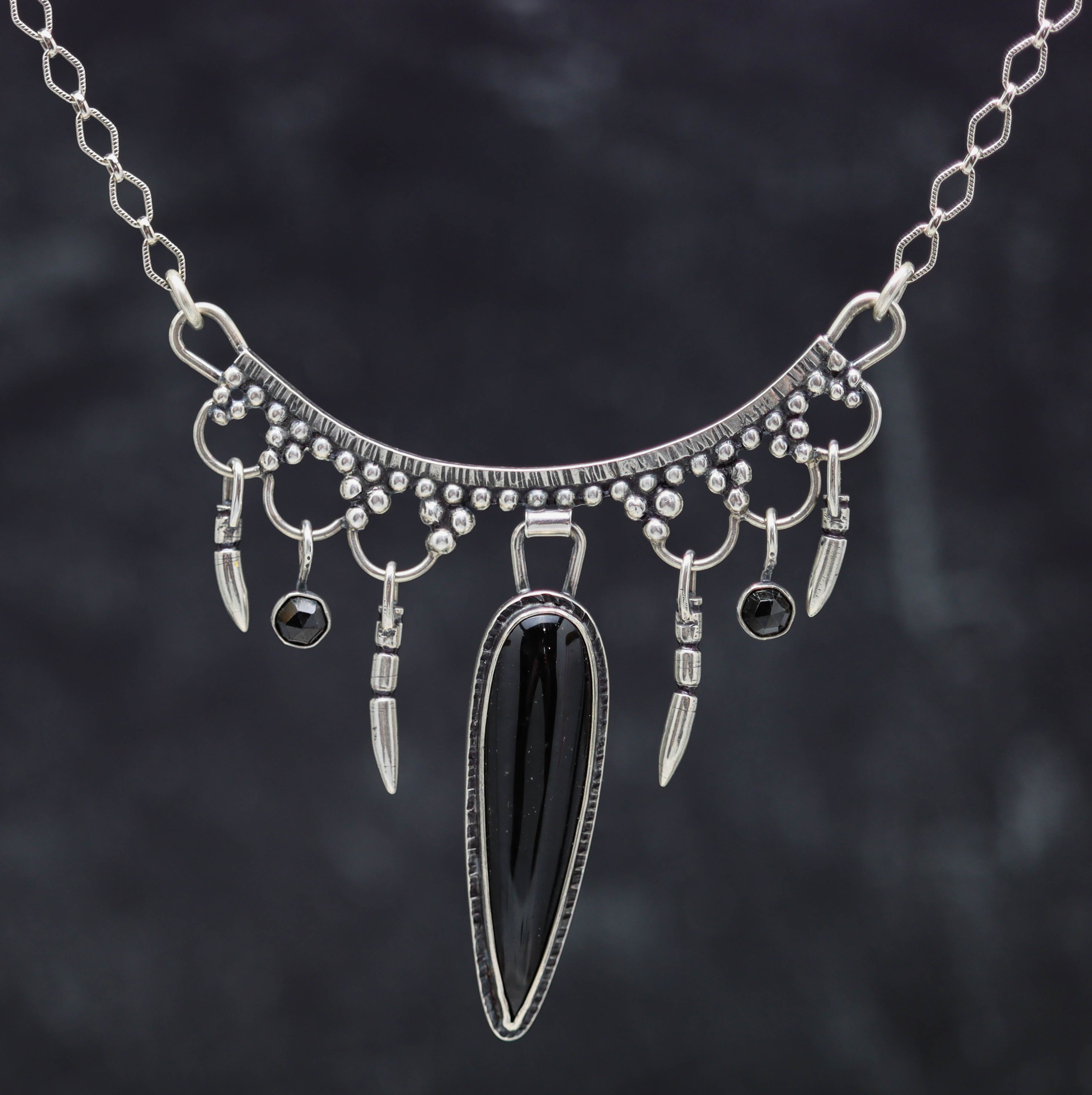 Black Obsidian and Black Spinel Arc Necklace Sterling Silver