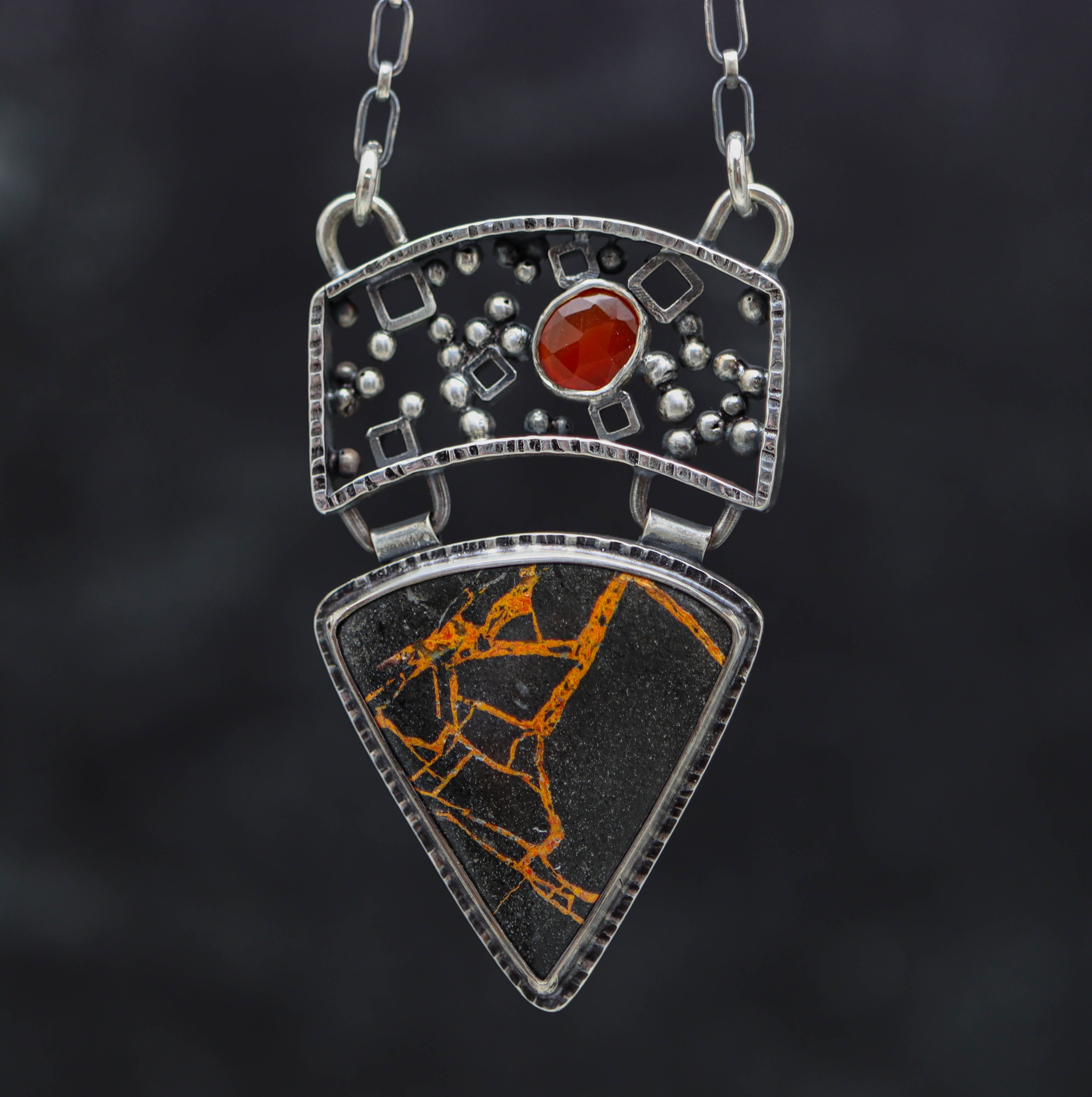 Lava Flow Jasper and Carnelian Pendant Sterling Silver Necklace