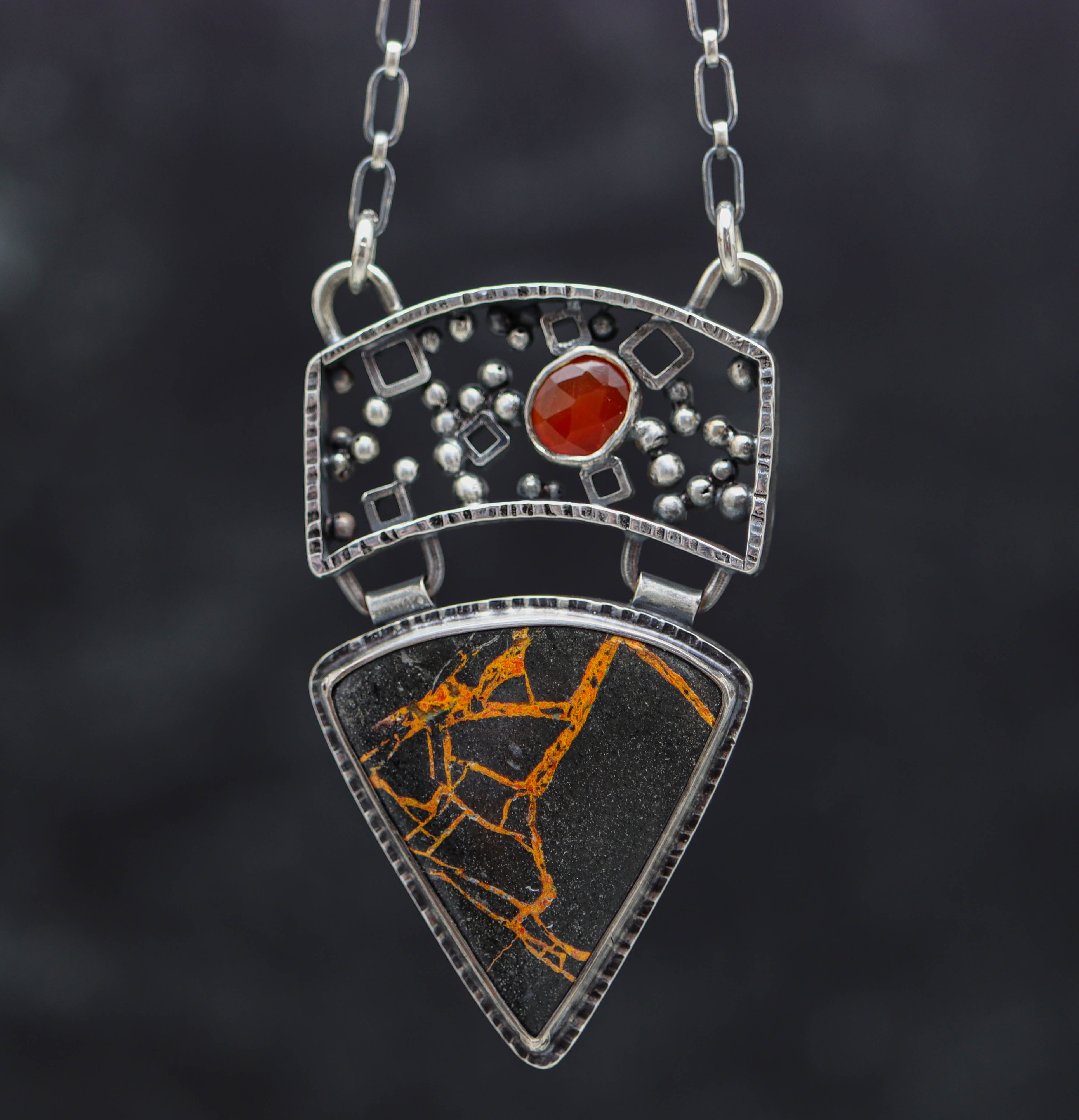 Lava Flow Jasper and Carnelian Pendant Sterling Silver Necklace