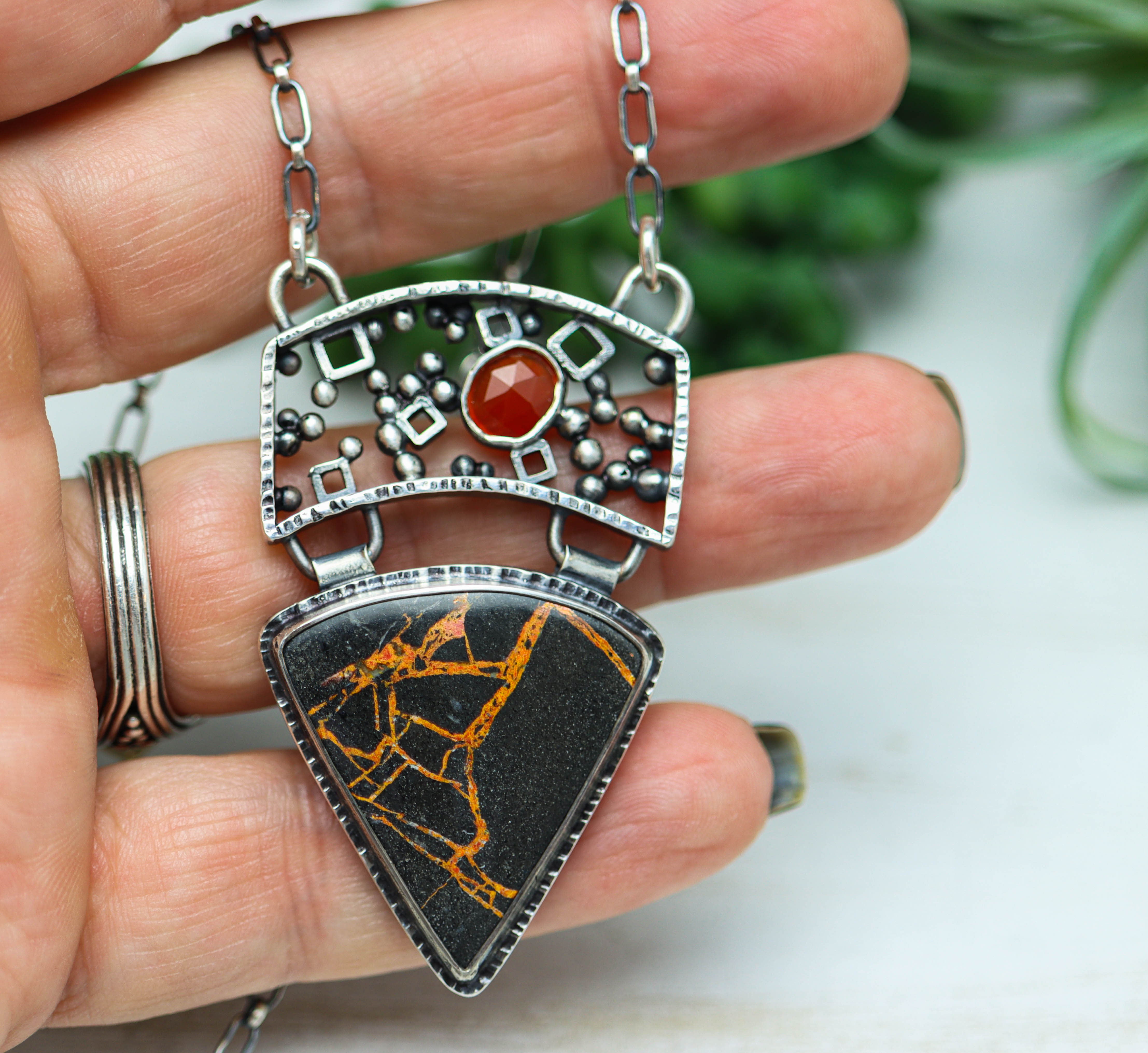 Lava Flow Jasper and Carnelian Pendant Sterling Silver Necklace