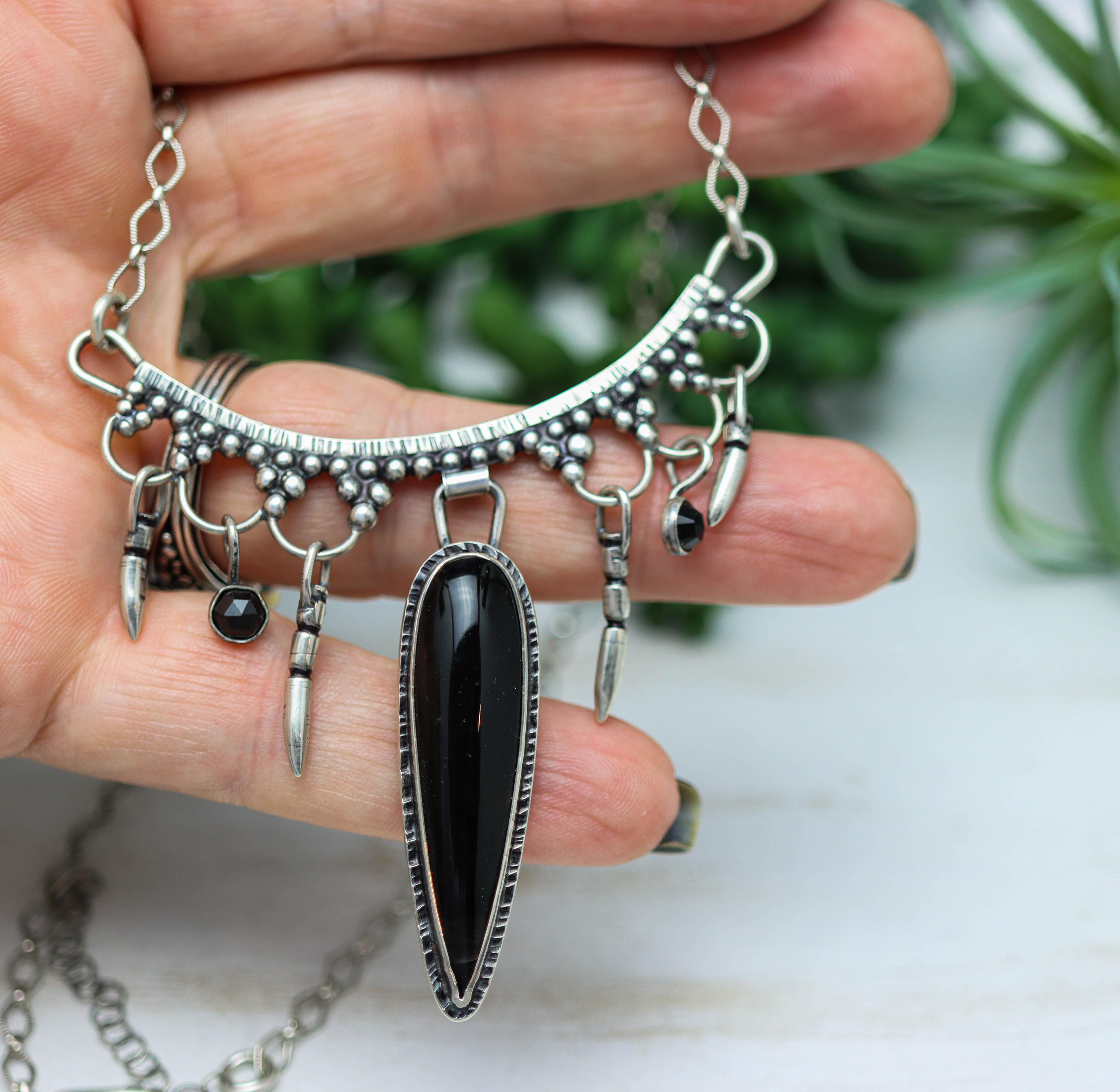 Black Obsidian and Black Spinel Arc Necklace Sterling Silver