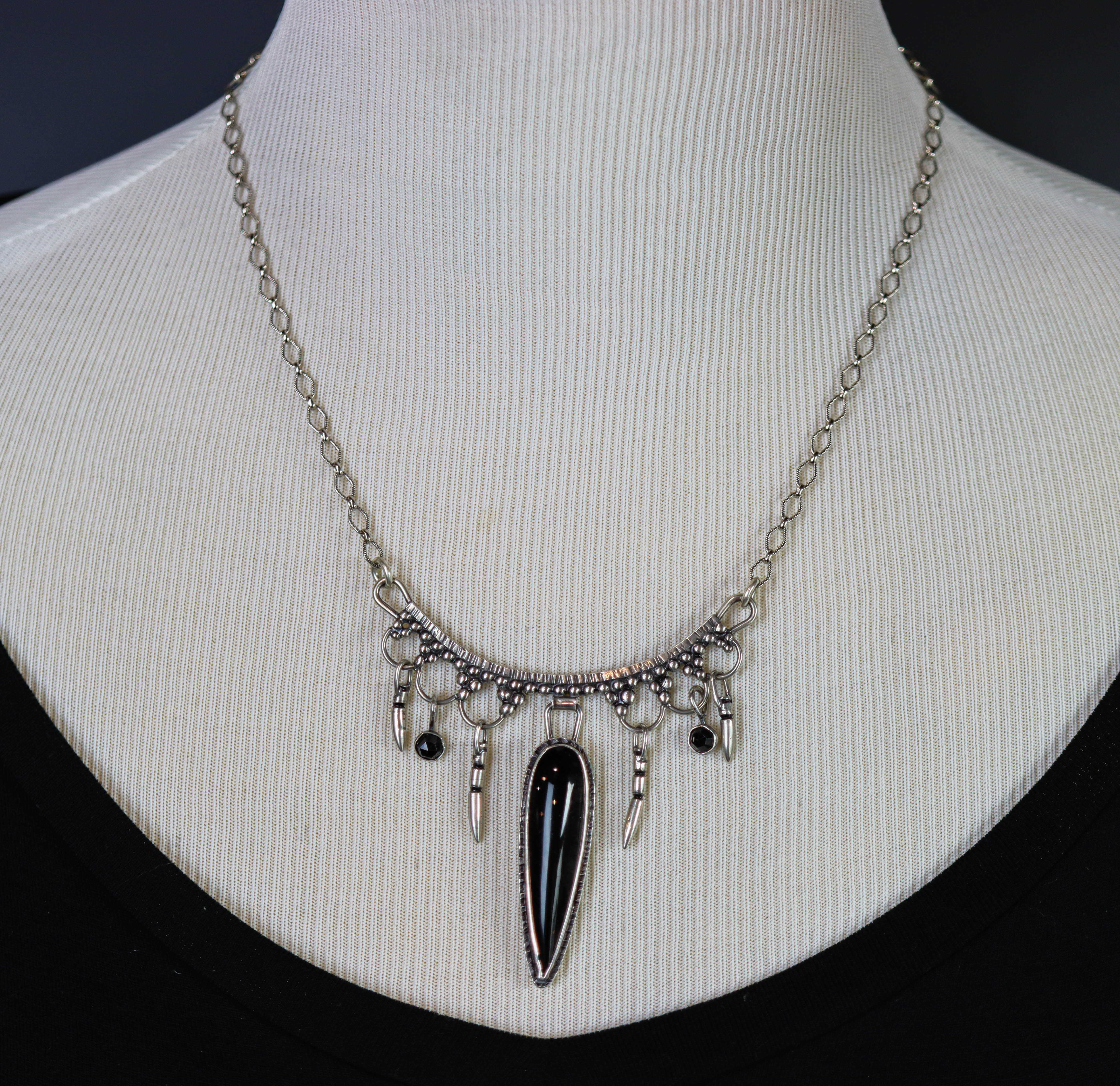 Black Obsidian and Black Spinel Arc Necklace Sterling Silver