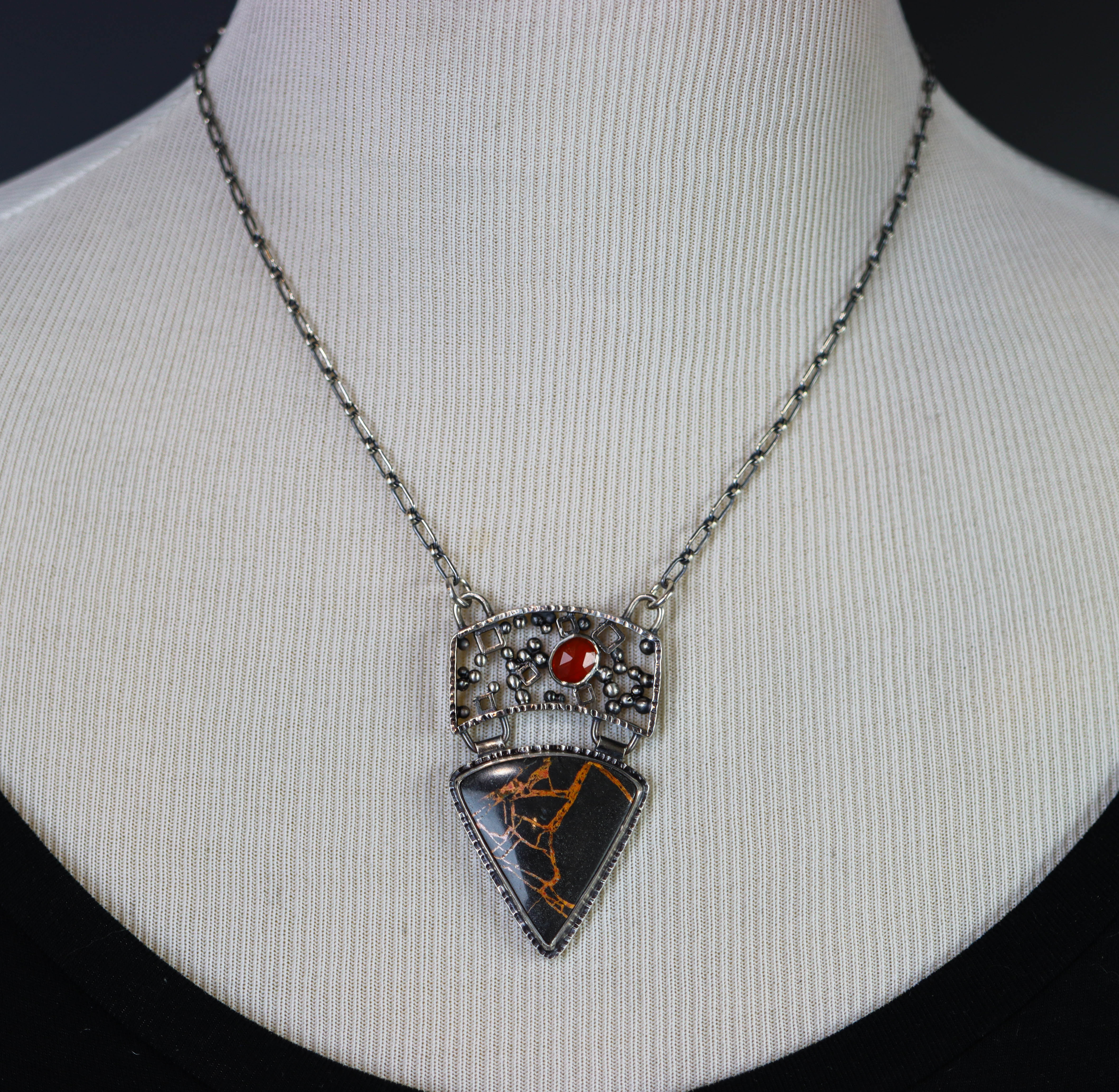 Lava Flow Jasper and Carnelian Pendant Sterling Silver Necklace