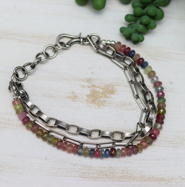 Multi-Colored Sapphire & Sterling Silver Triple Strand Bracelet