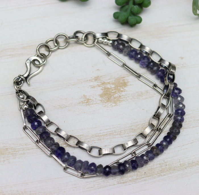 Blue Violet Iolite & Sterling Silver Triple Strand Bracelet