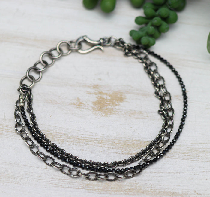 Black Spinel & Sterling Silver Triple Strand Bracelet