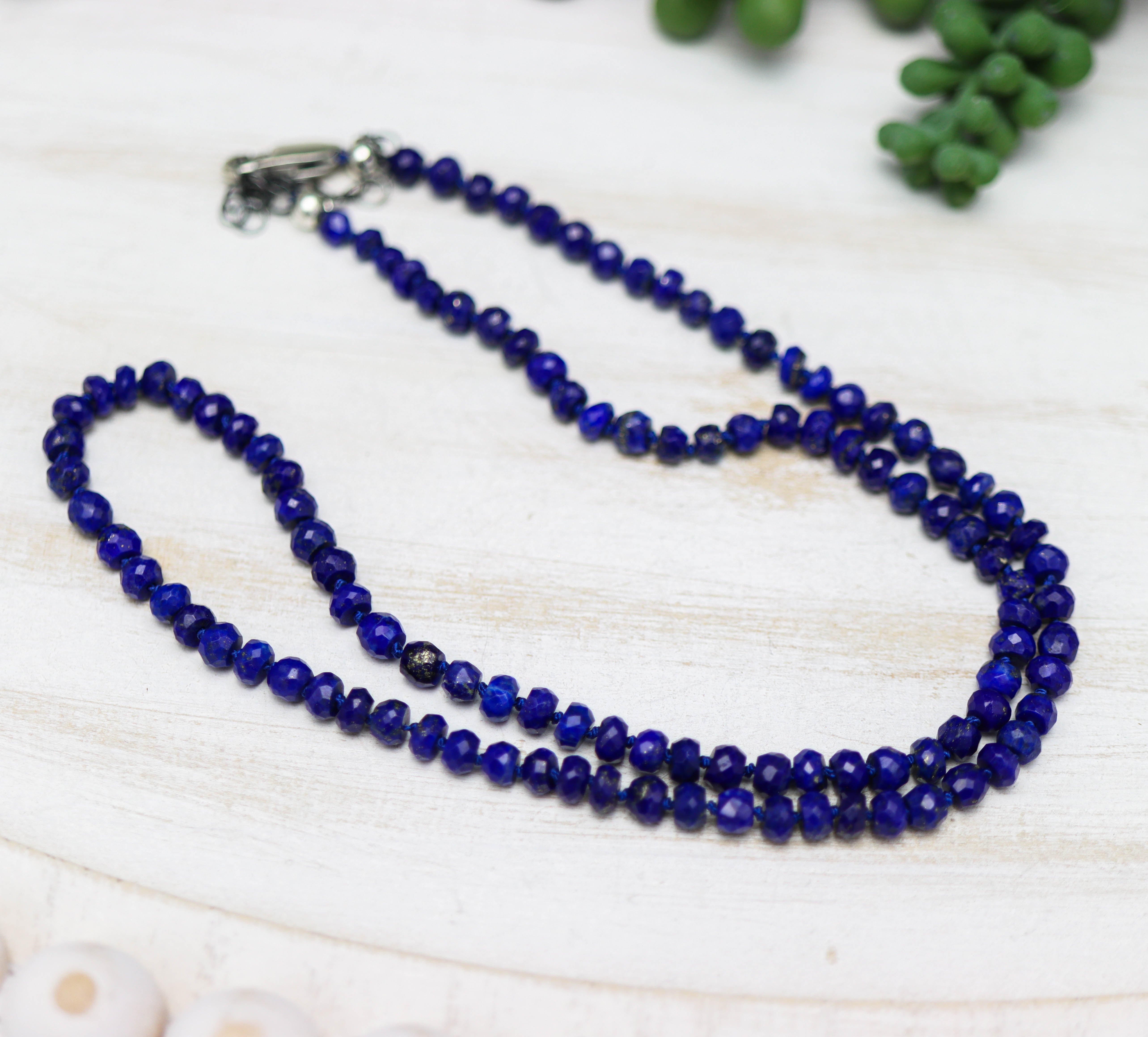 Blue Lapis Hand Knotted Bead Necklace Sterling Silver