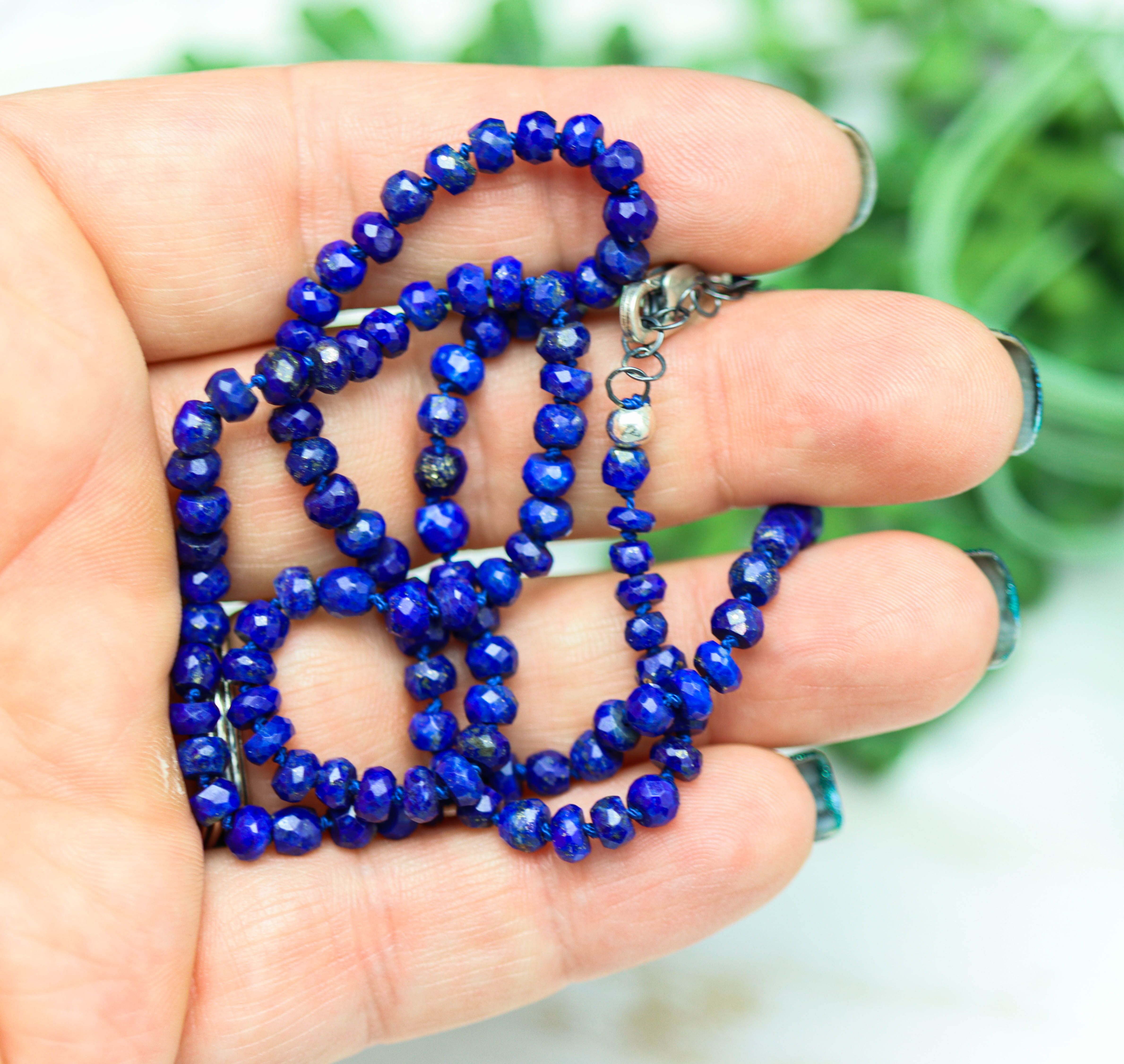 Blue Lapis Hand Knotted Bead Necklace Sterling Silver