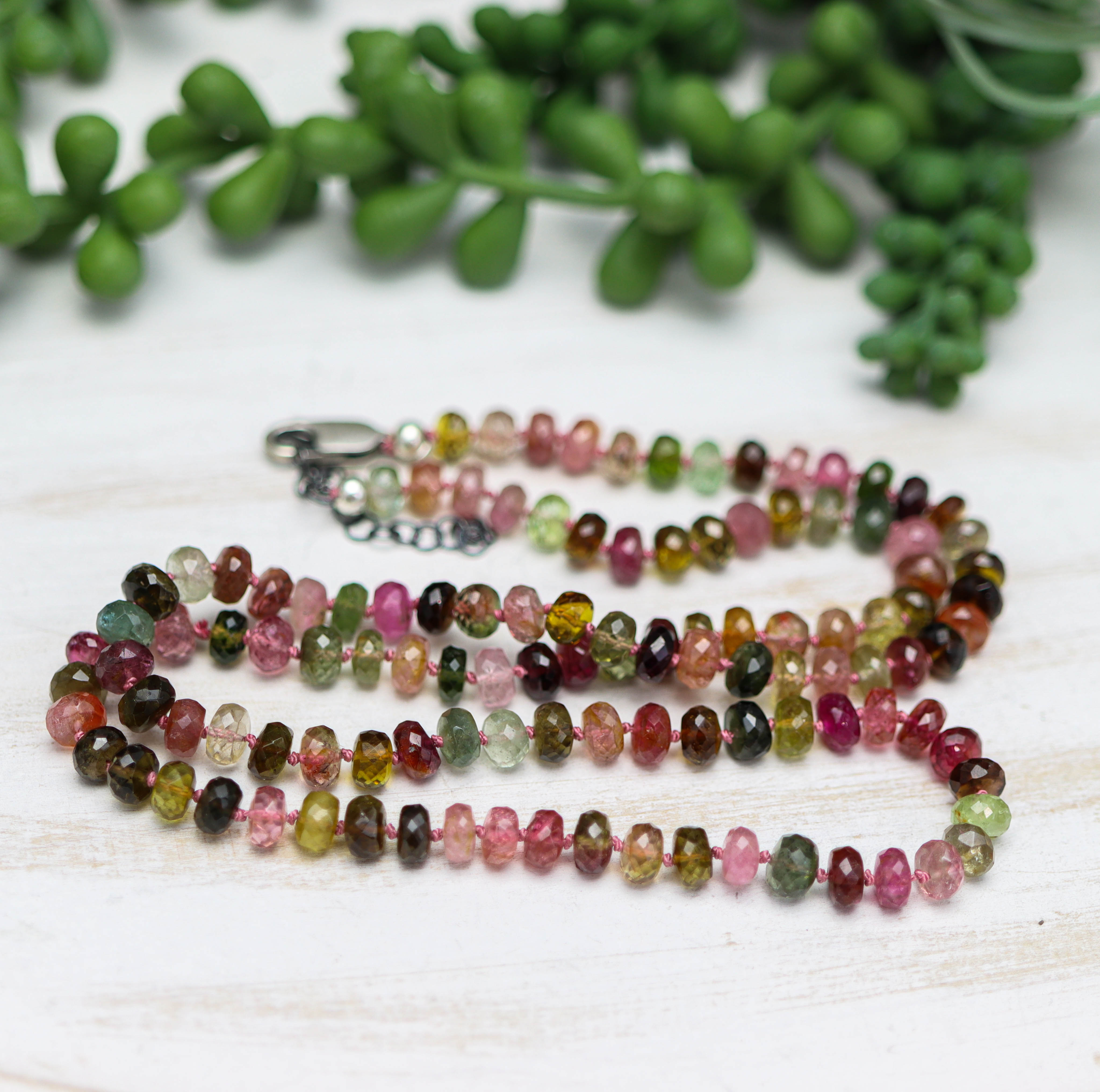 Multi Colored Tourmaline Hand Knotted Bead Necklace Sterling Silver