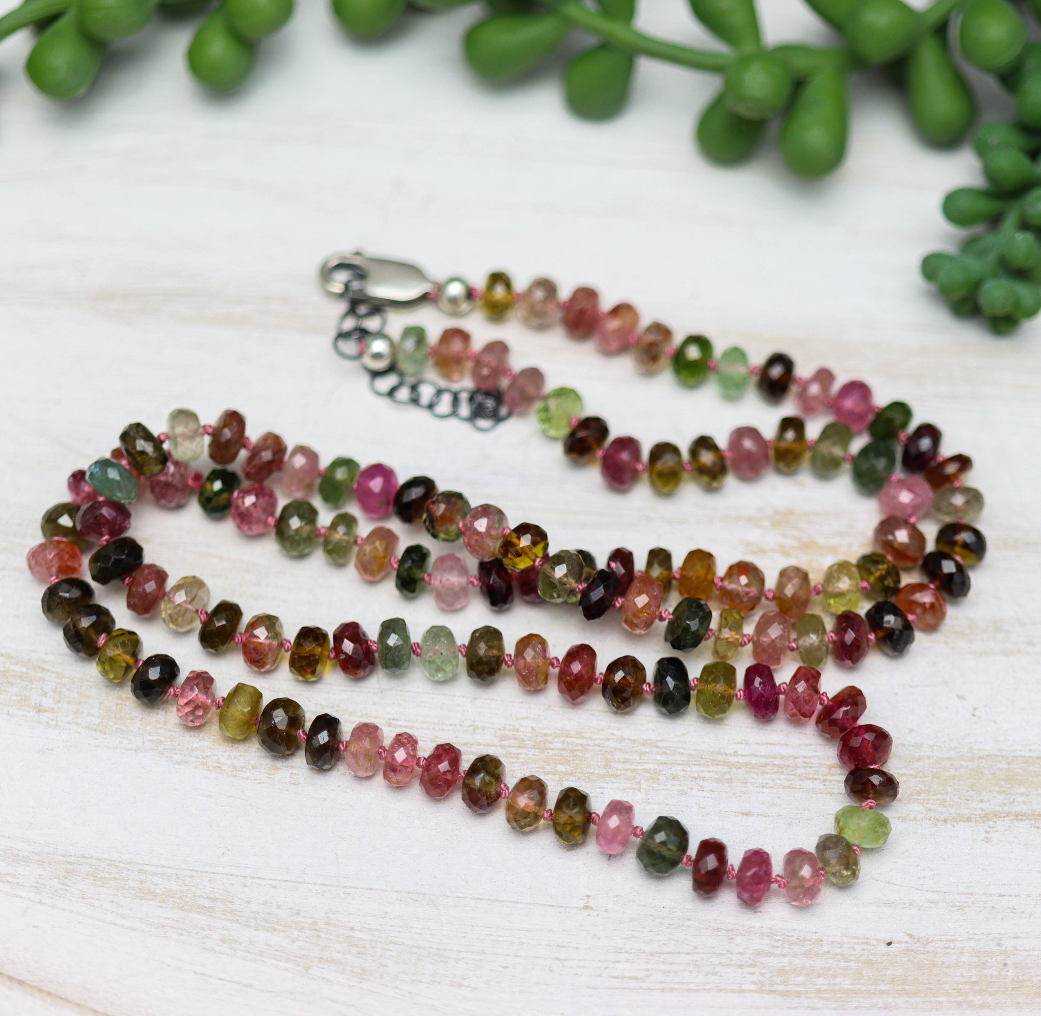Multi Colored Tourmaline Hand Knotted Bead Necklace Sterling Silver