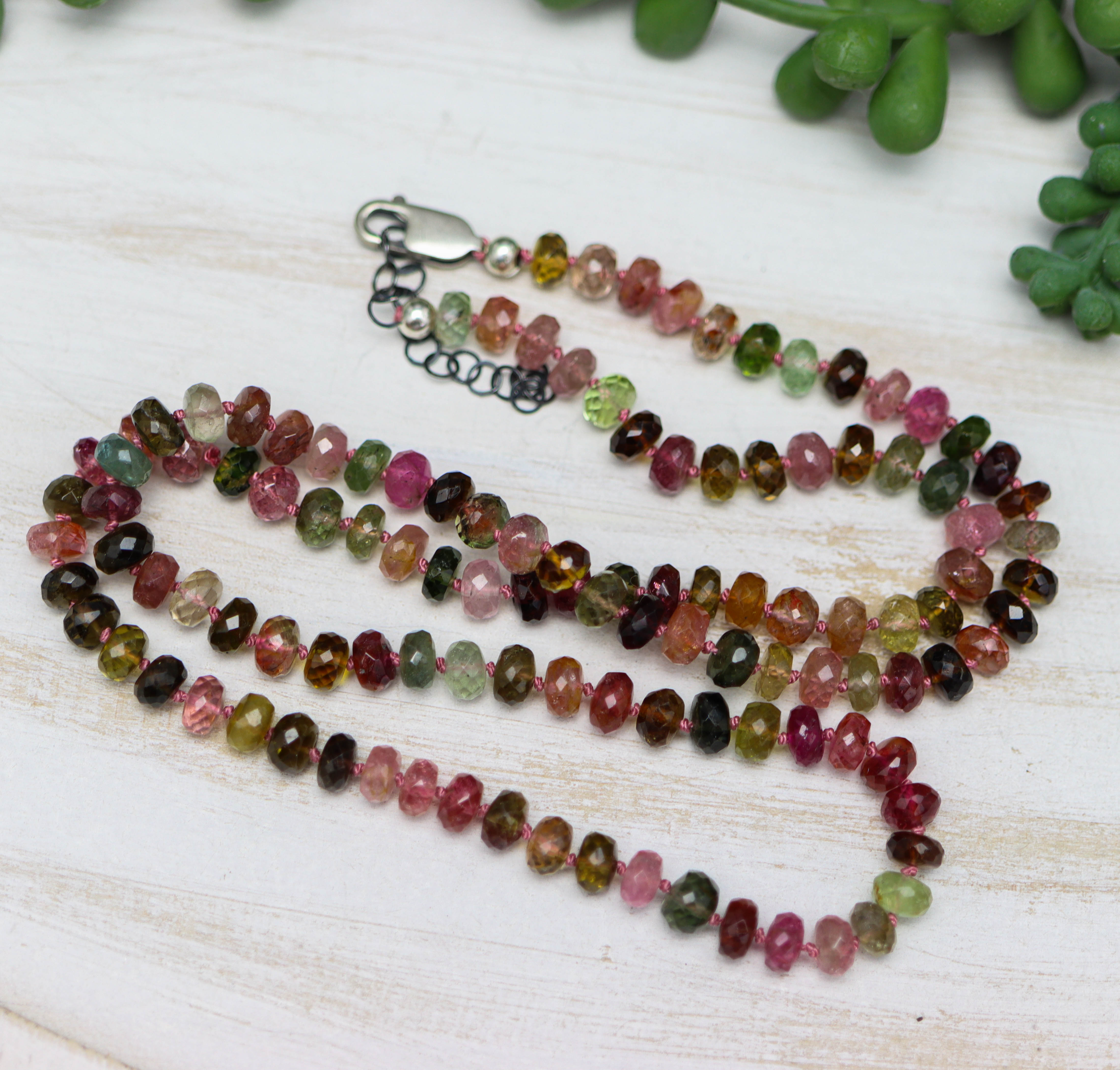 Multi Colored Tourmaline Hand Knotted Bead Necklace Sterling Silver
