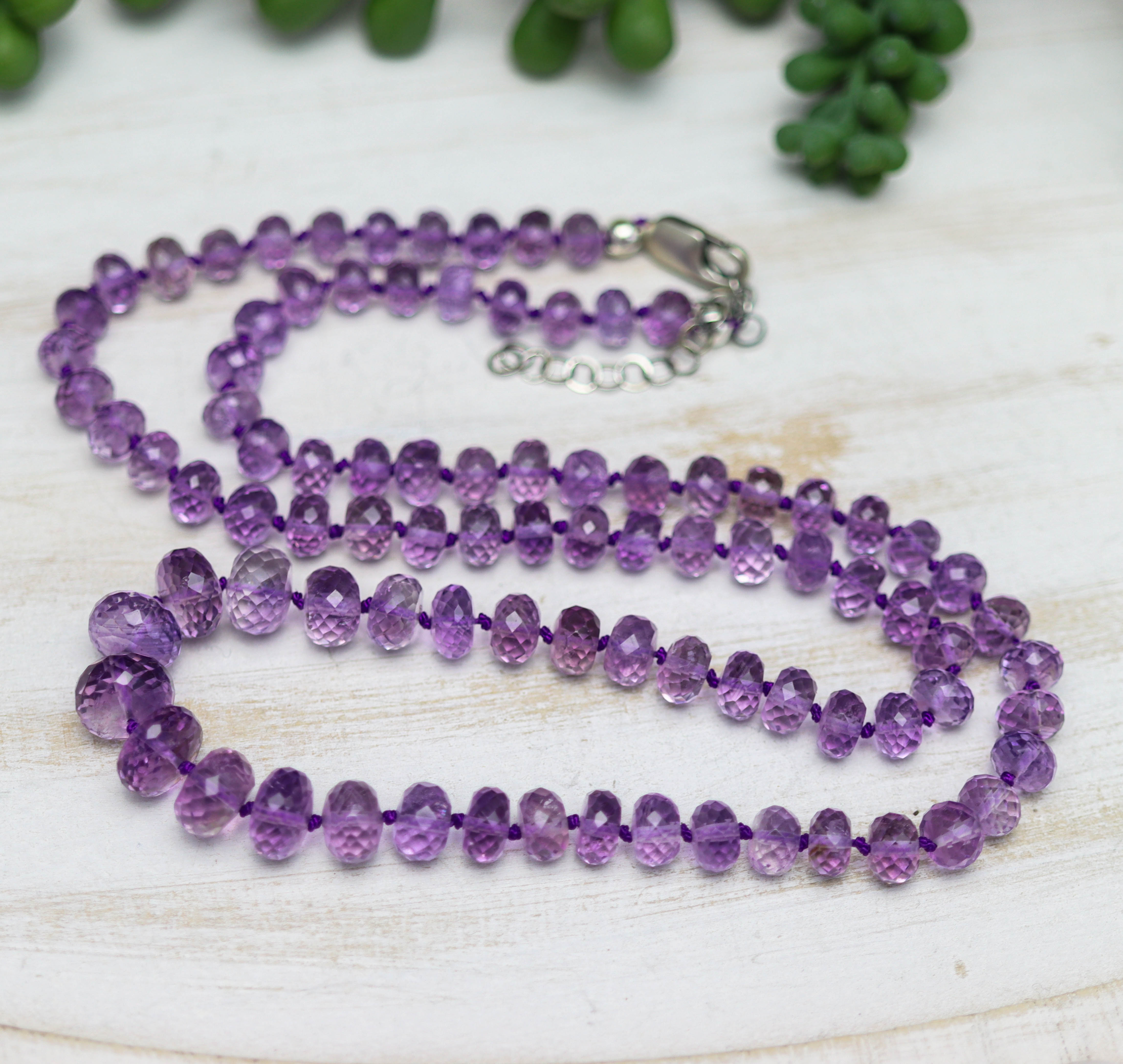 Amethyst Hand Knotted Bead Necklace Sterling Silver Graduated Size