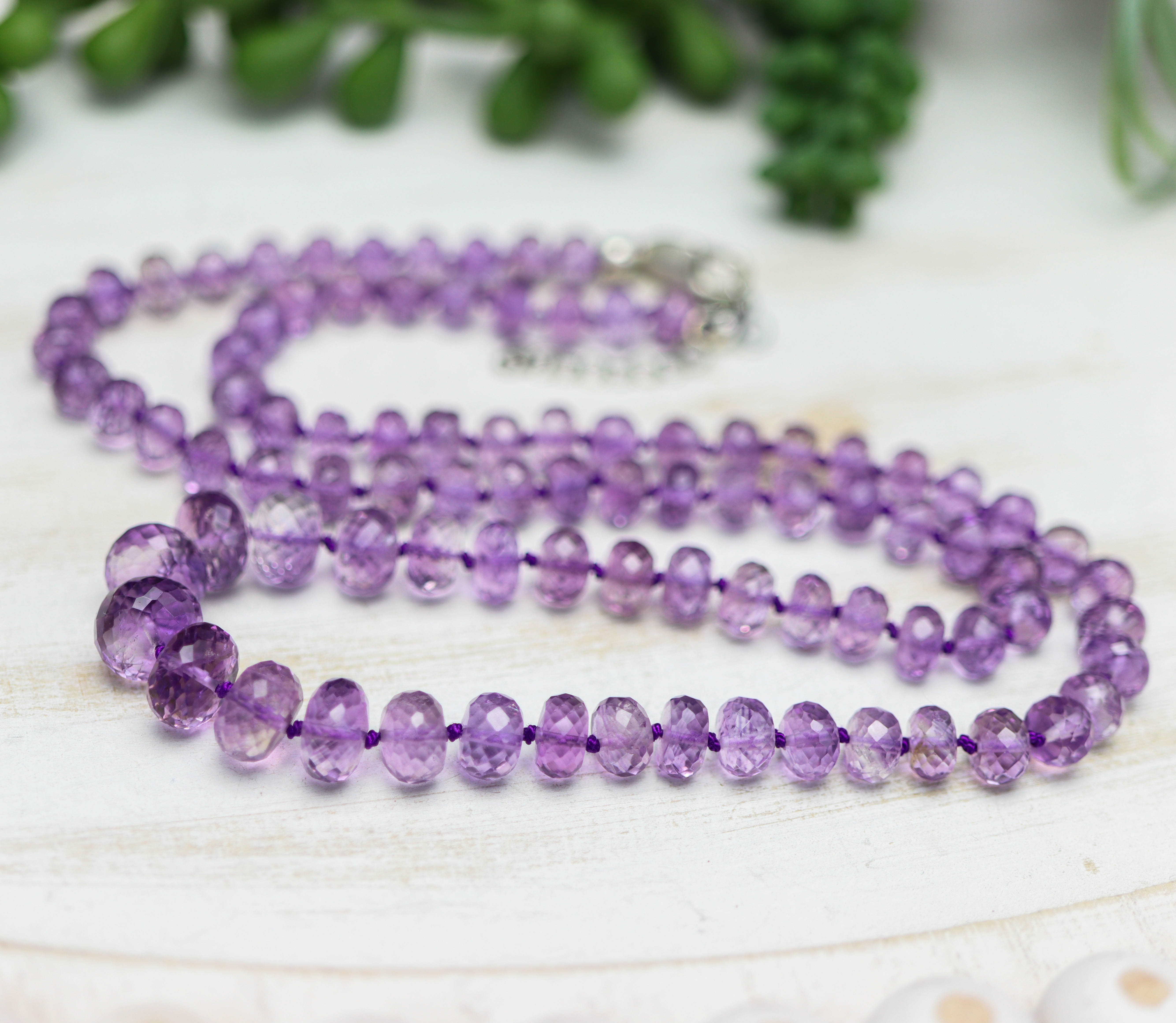 Amethyst Hand Knotted Bead Necklace Sterling Silver Graduated Size