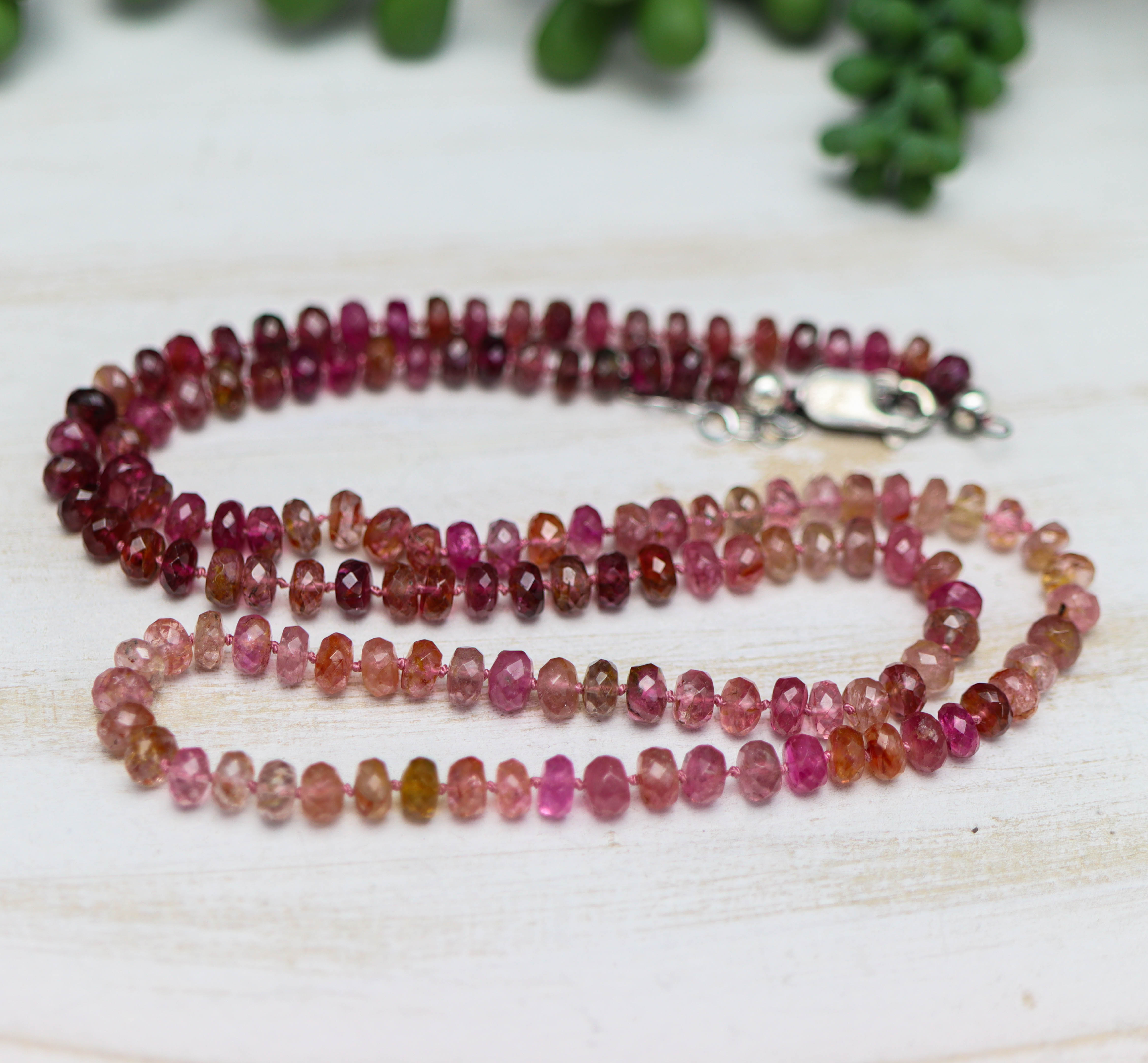 Pink Tourmaline Hand Knotted Bead Necklace Sterling Silver 20 Inches