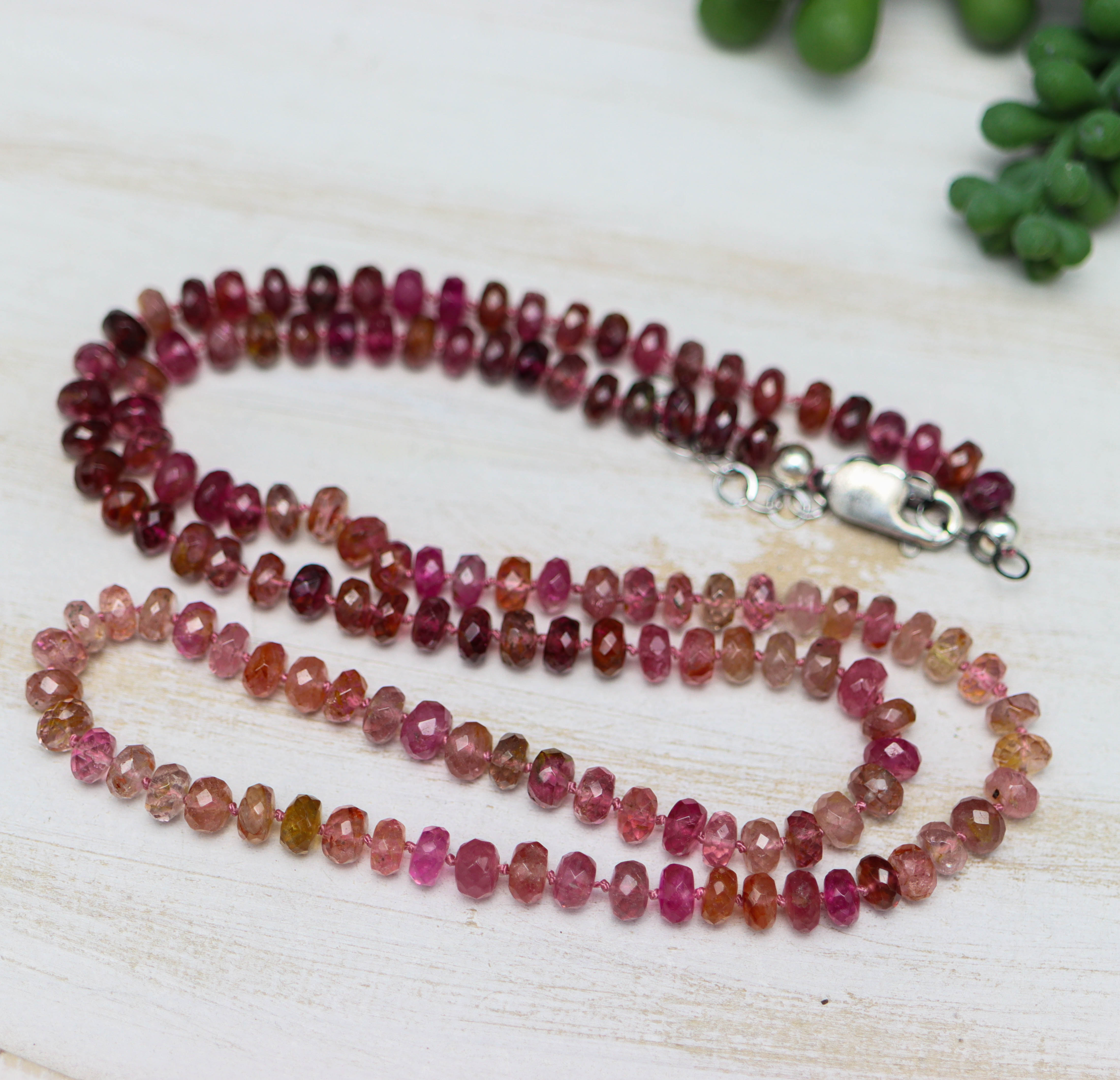 Pink Tourmaline Hand Knotted Bead Necklace Sterling Silver 20 Inches