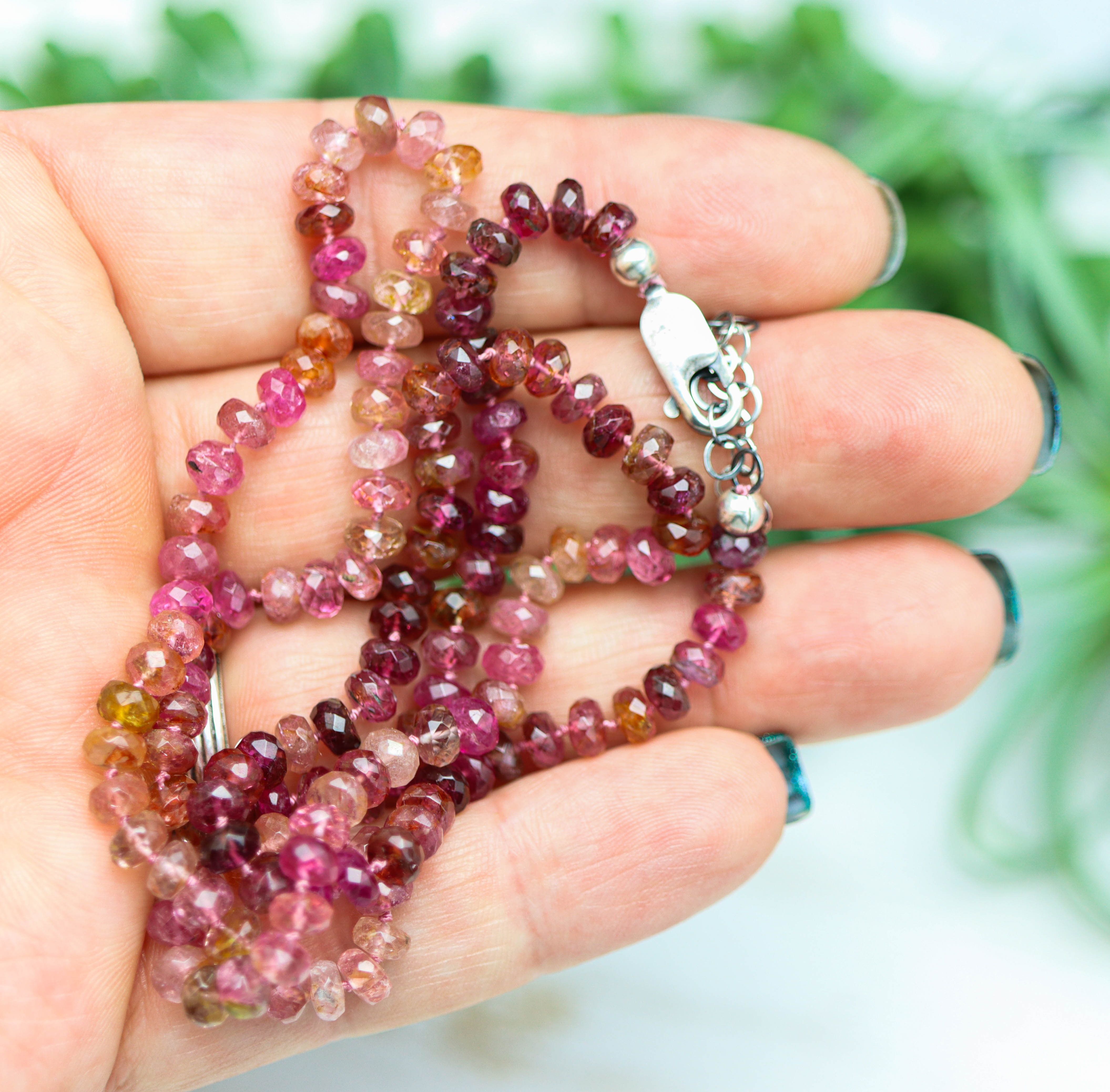 Pink Tourmaline Hand Knotted Bead Necklace Sterling Silver 20 Inches
