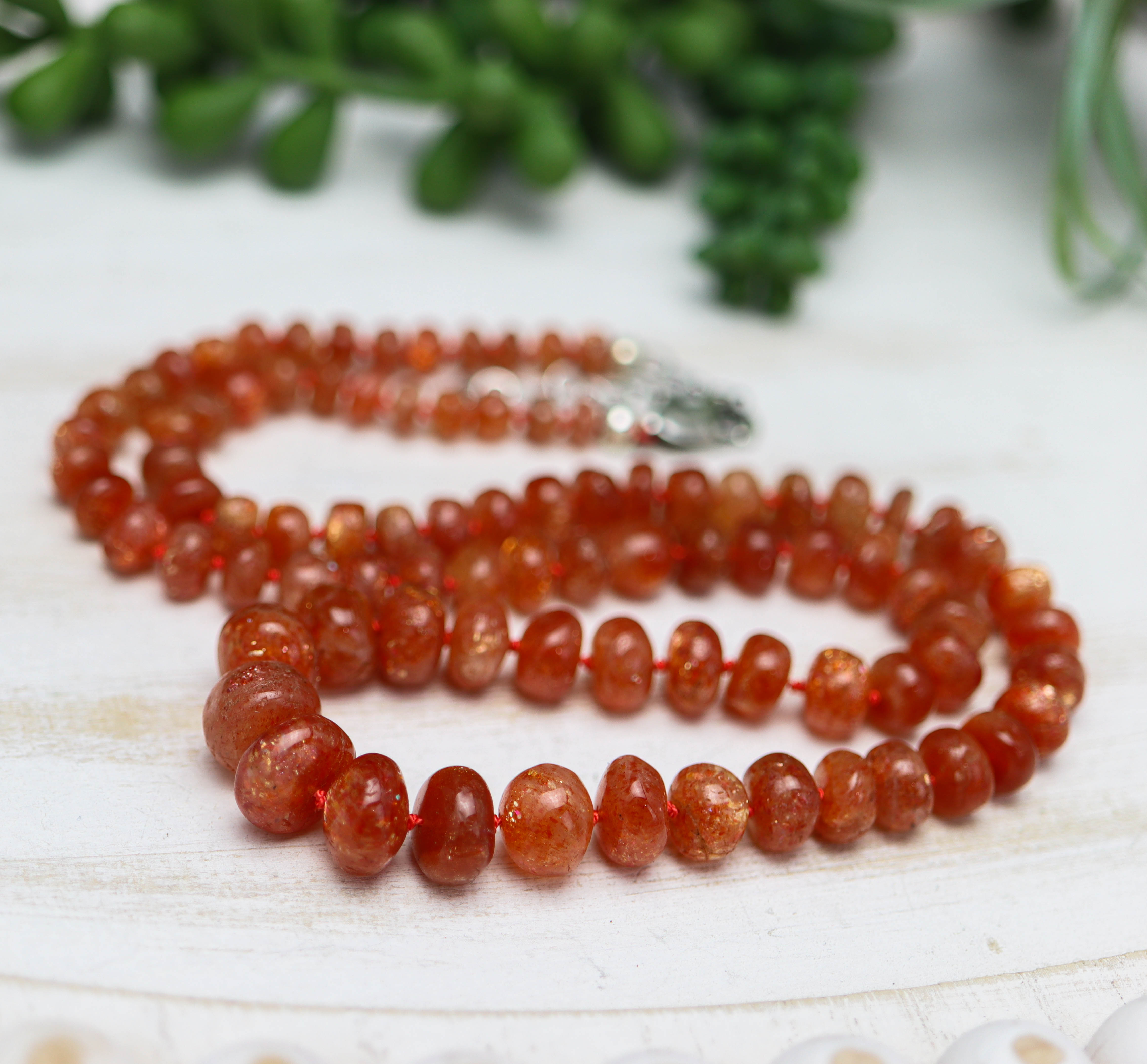 Sunstone Hand Knotted Bead Necklace Sterling Silver