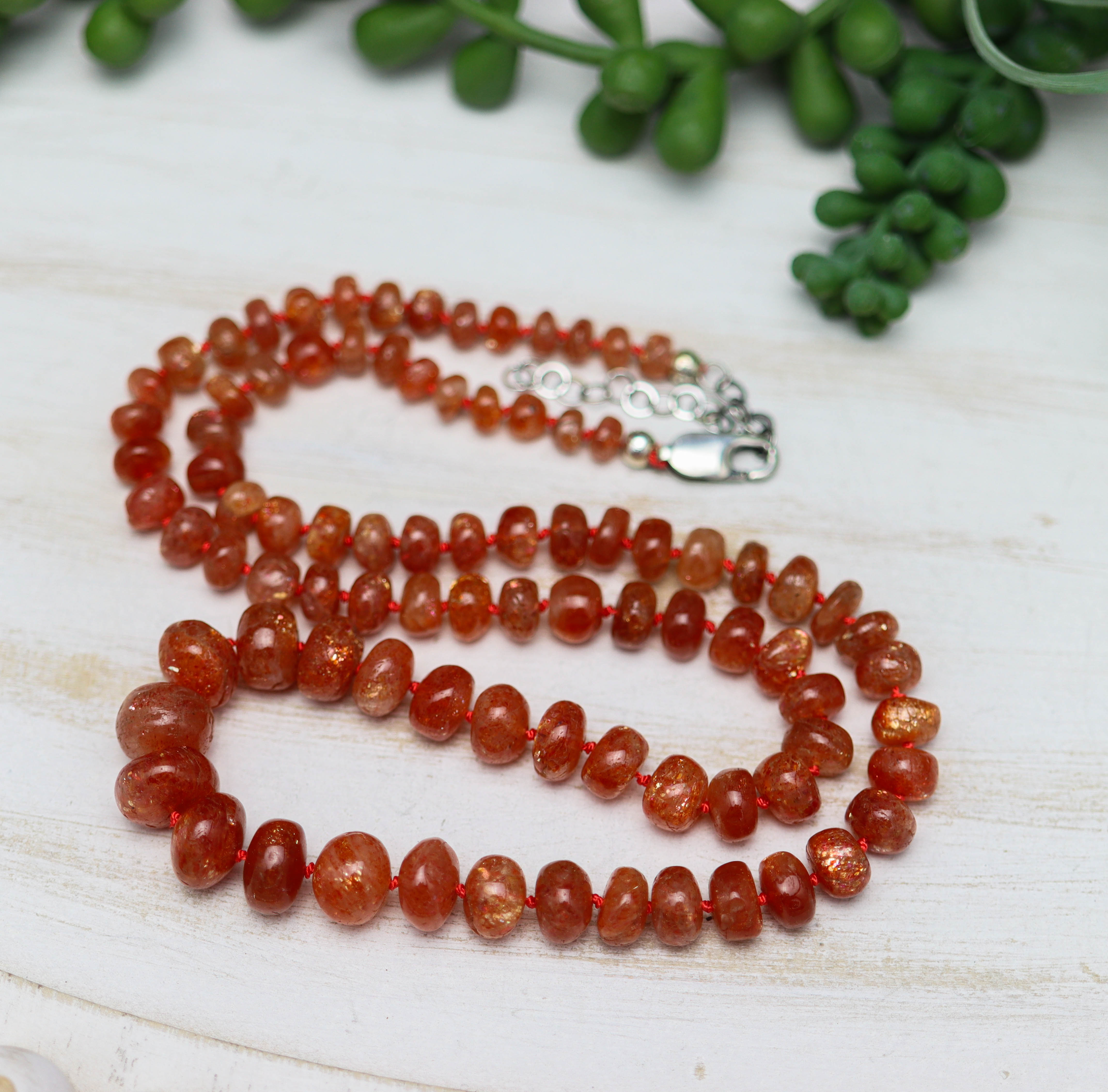 Sunstone Hand Knotted Bead Necklace Sterling Silver