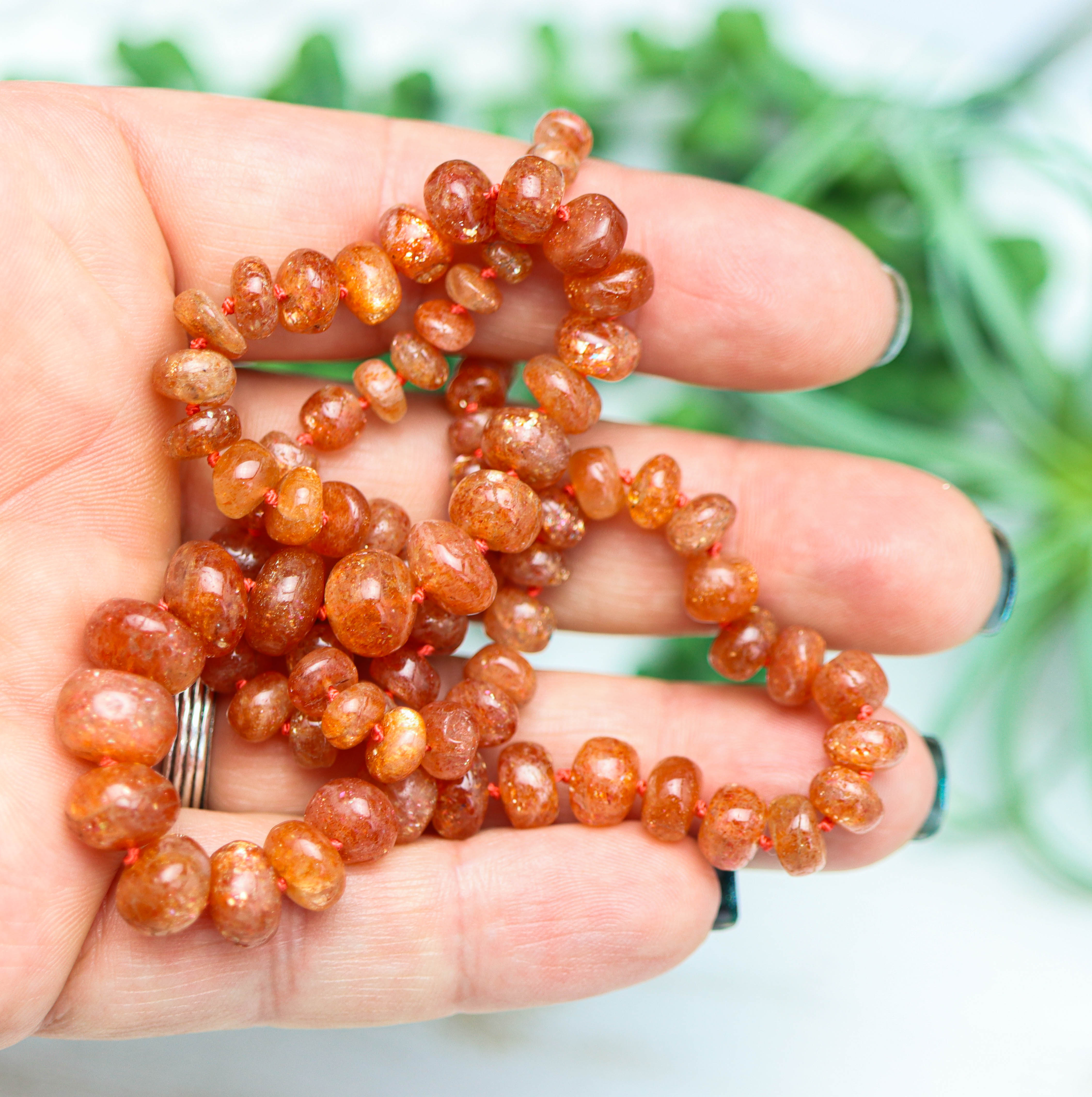 Sunstone Hand Knotted Bead Necklace Sterling Silver