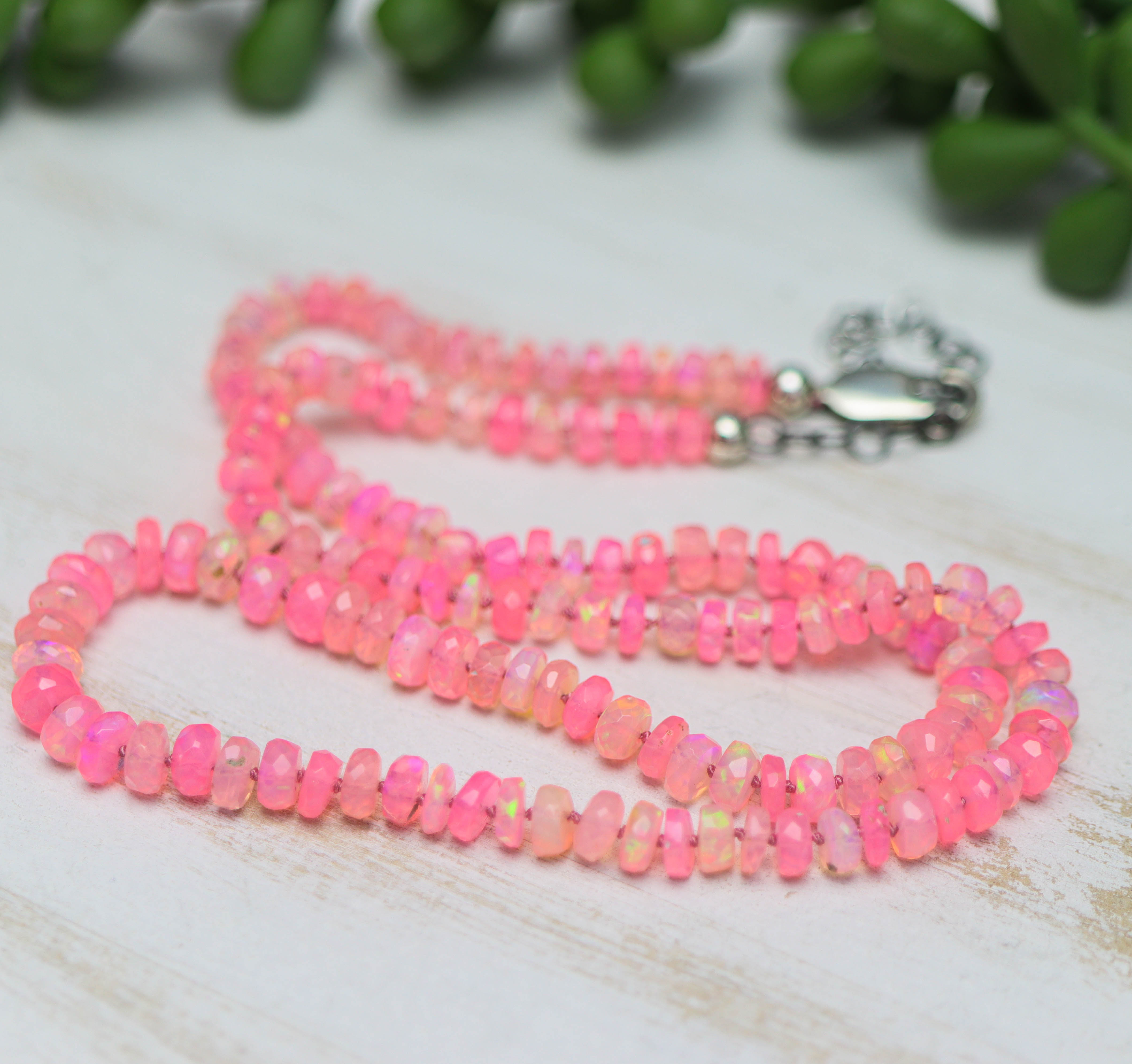 Hot Pink Opal Hand Knotted Bead Necklace Sterling Silver