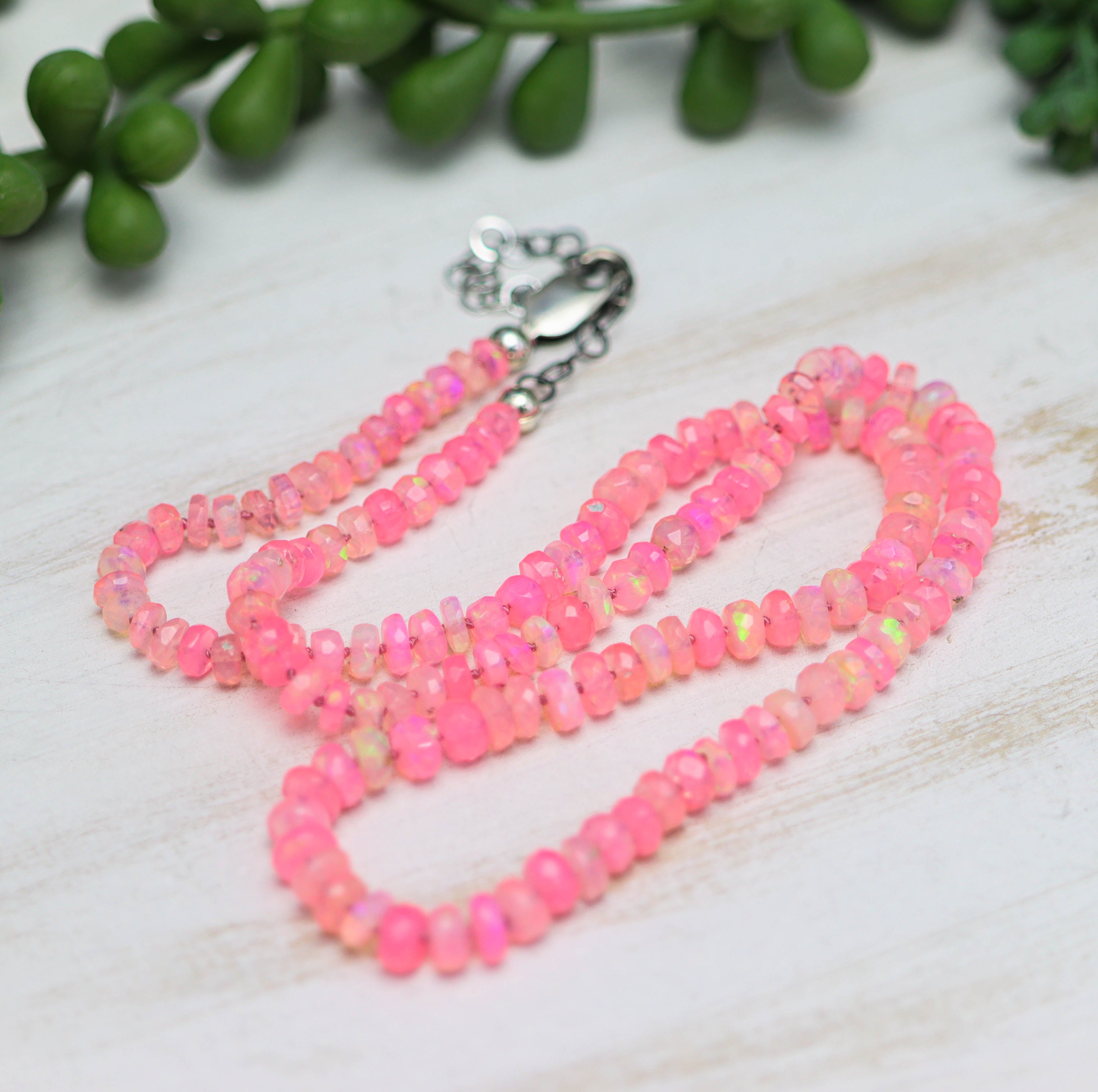 Hot Pink Opal Hand Knotted Bead Necklace Sterling Silver