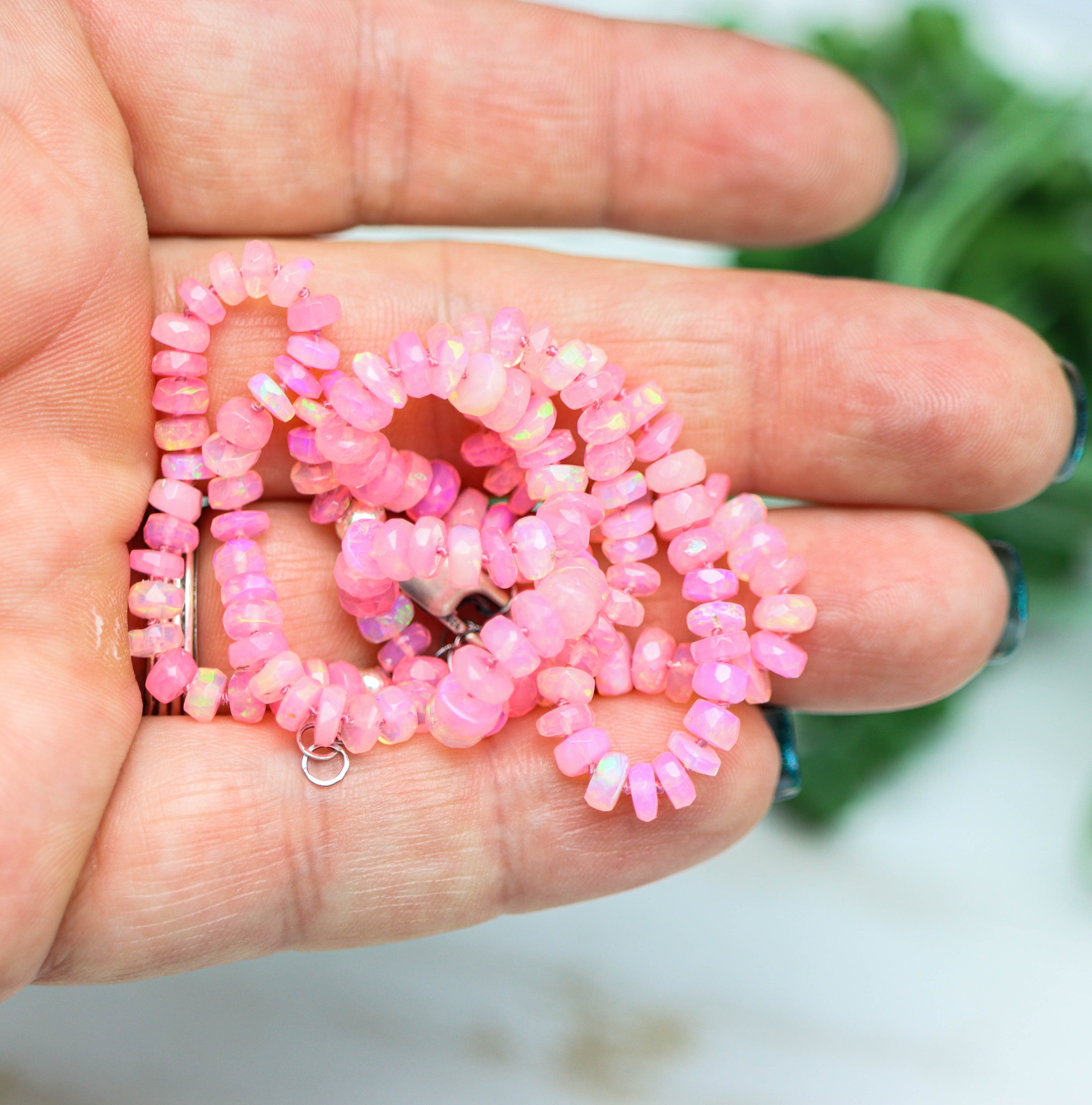 Hot Pink Opal Hand Knotted Bead Necklace Sterling Silver
