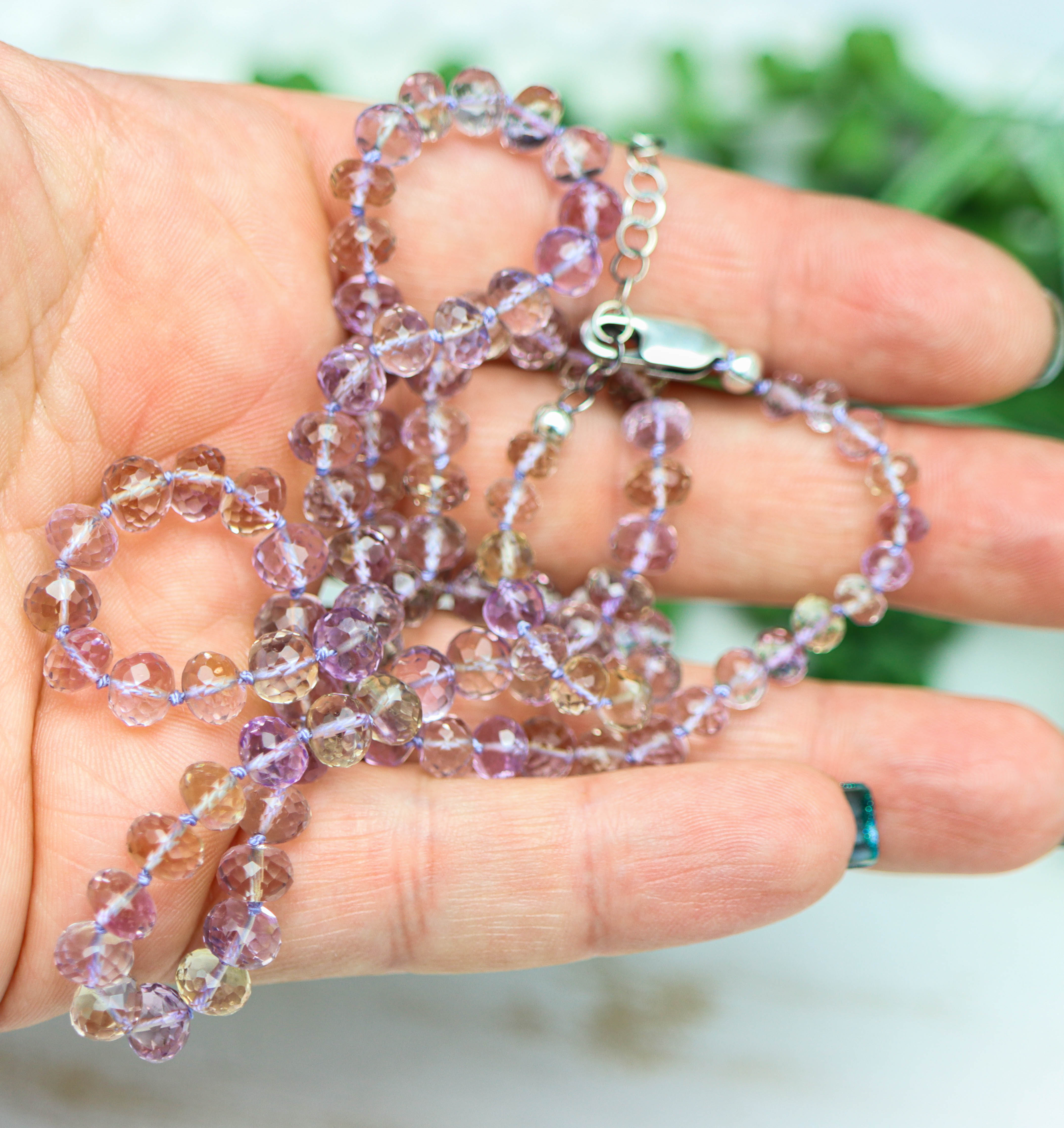 Stunning Ametrine Hand Knotted Bead Necklace Sterling Silver