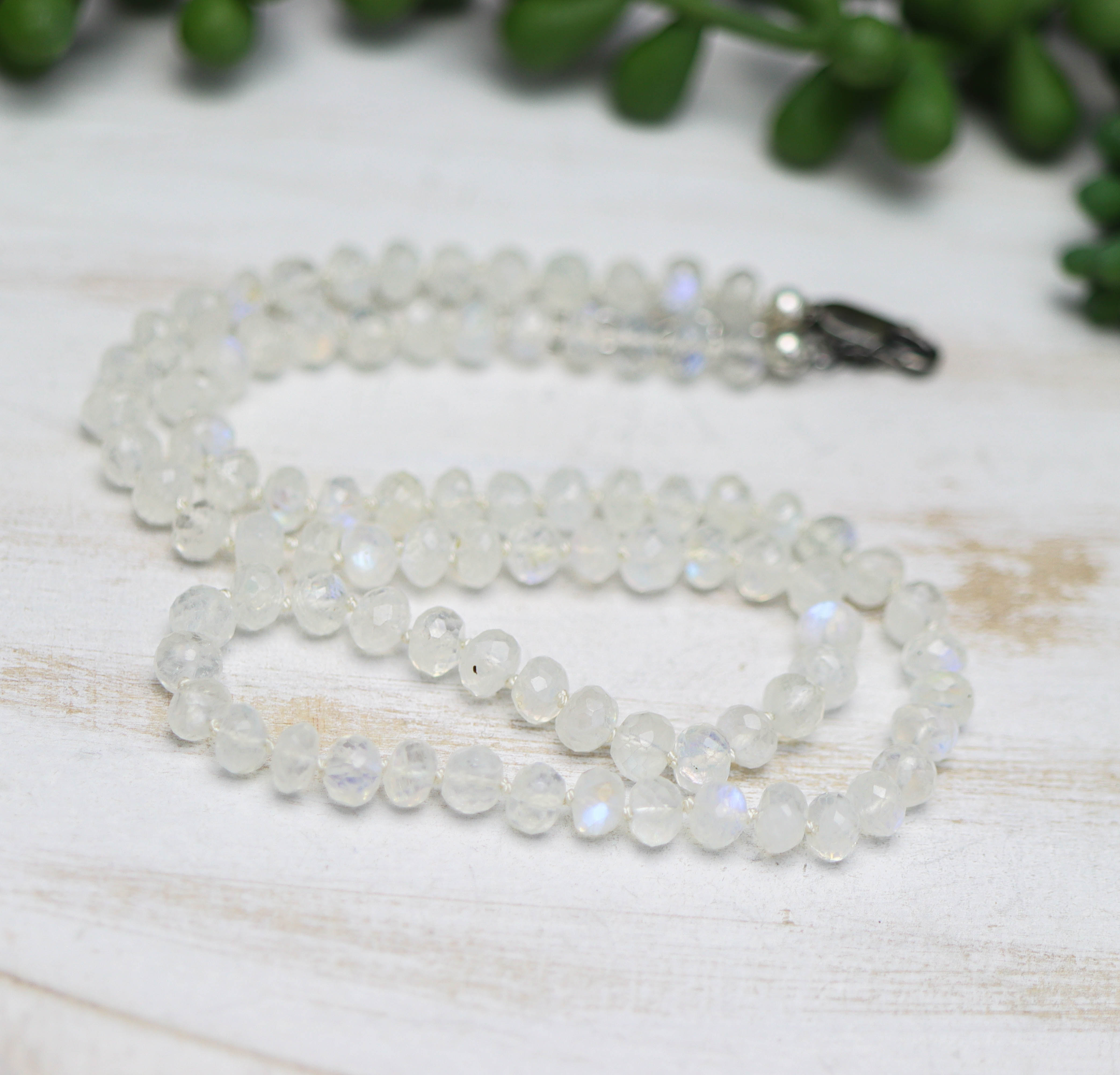 Rainbow Moonstone Hand Knotted Bead Necklace Sterling Silver 18 inch