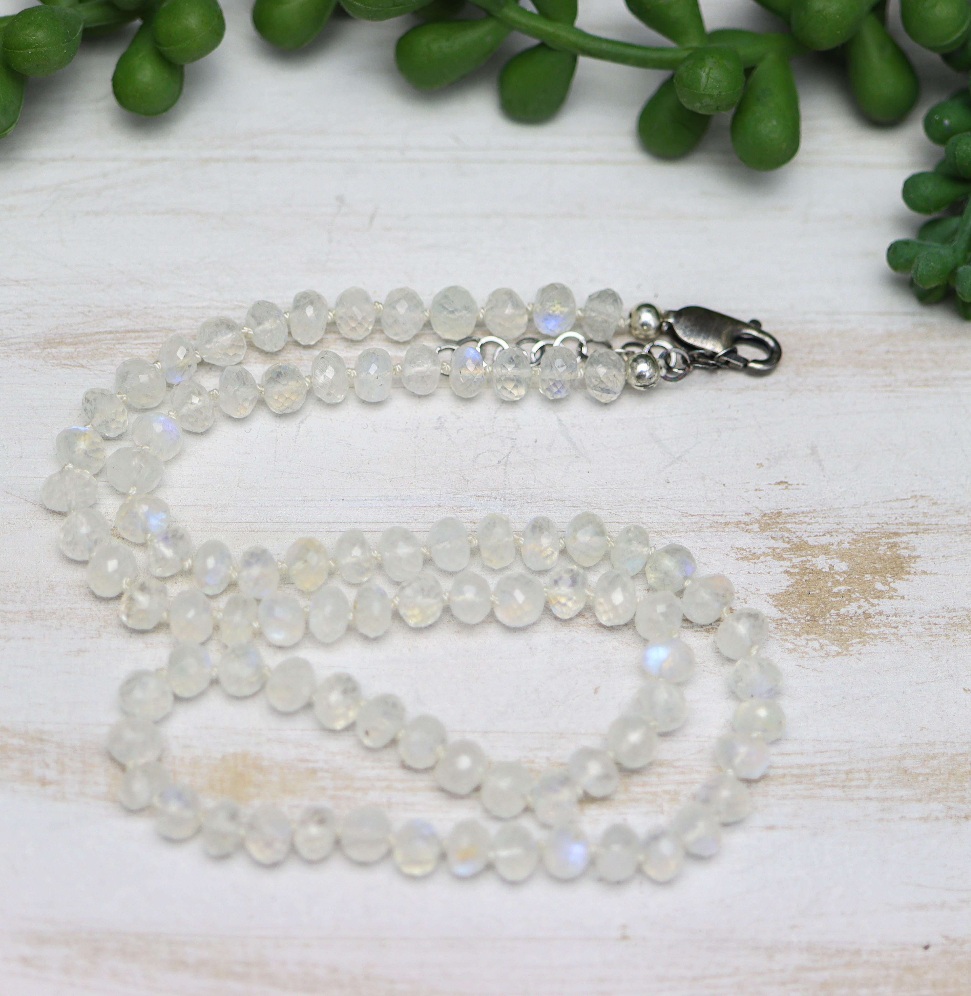 Rainbow Moonstone Hand Knotted Bead Necklace Sterling Silver 18 inch