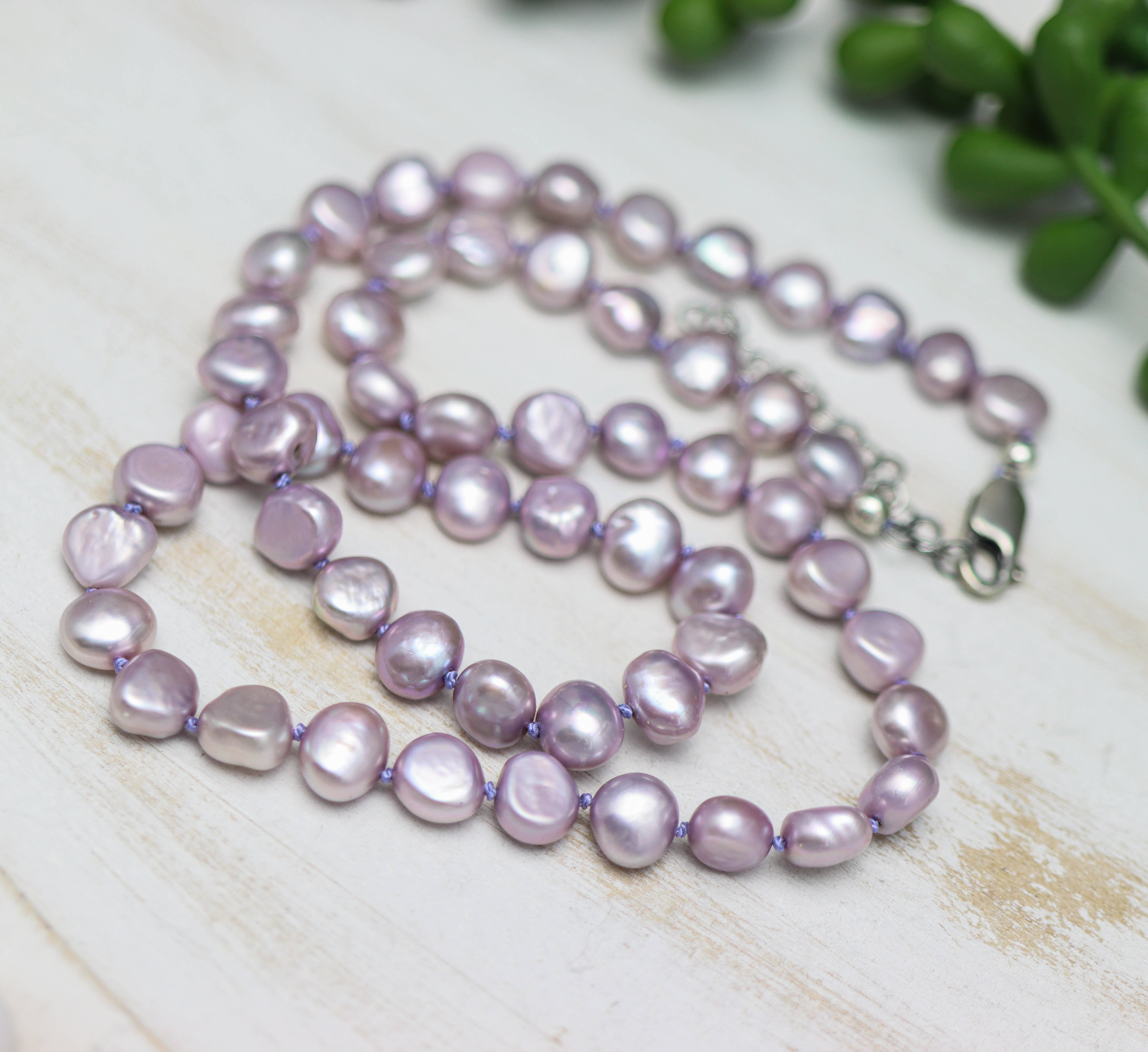 Purple Freshwater Pearl Hand Knotted Bead Necklace Sterling Silver