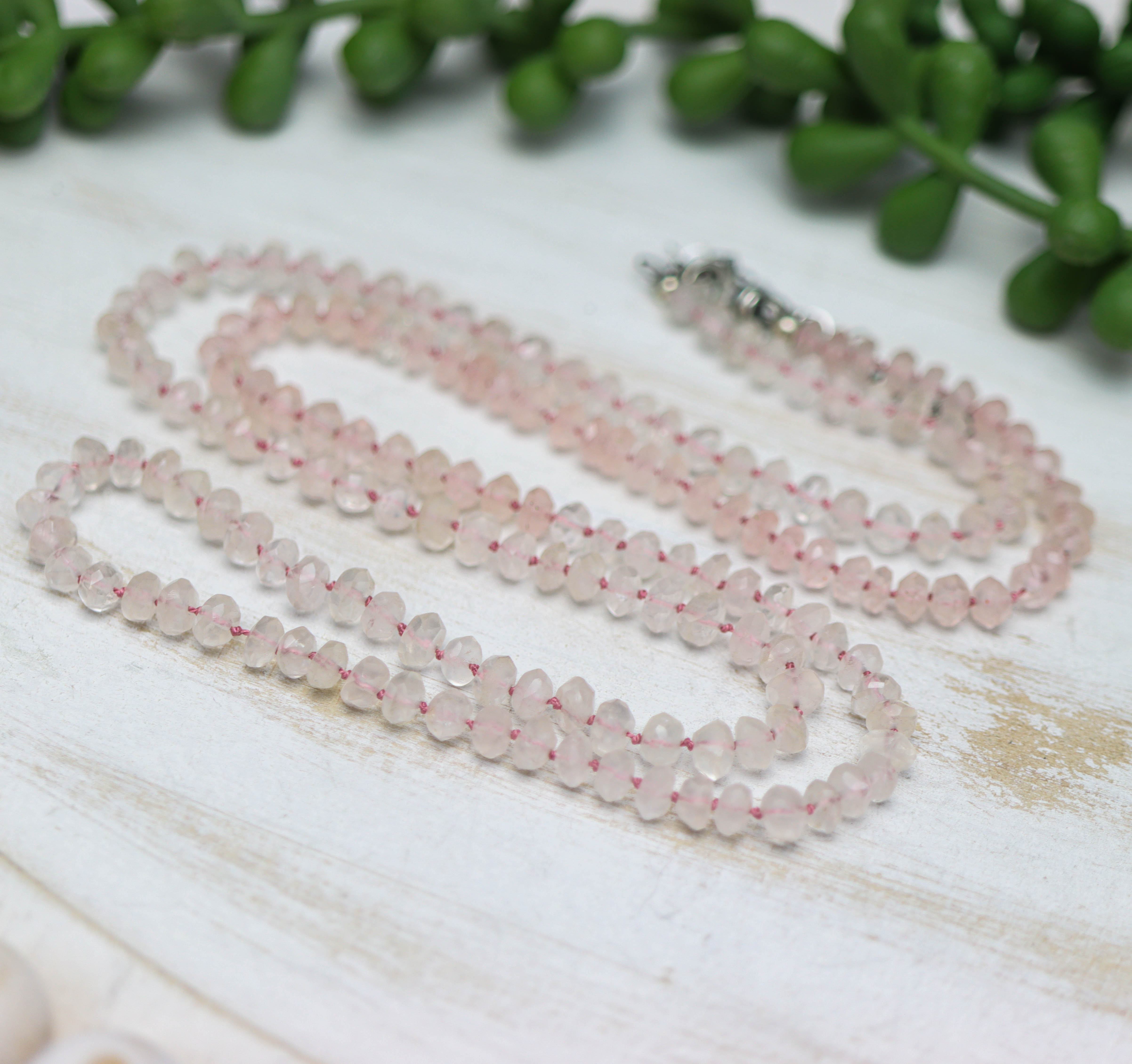 Rose Quartz Hand Knotted Bead Necklace Sterling Silver