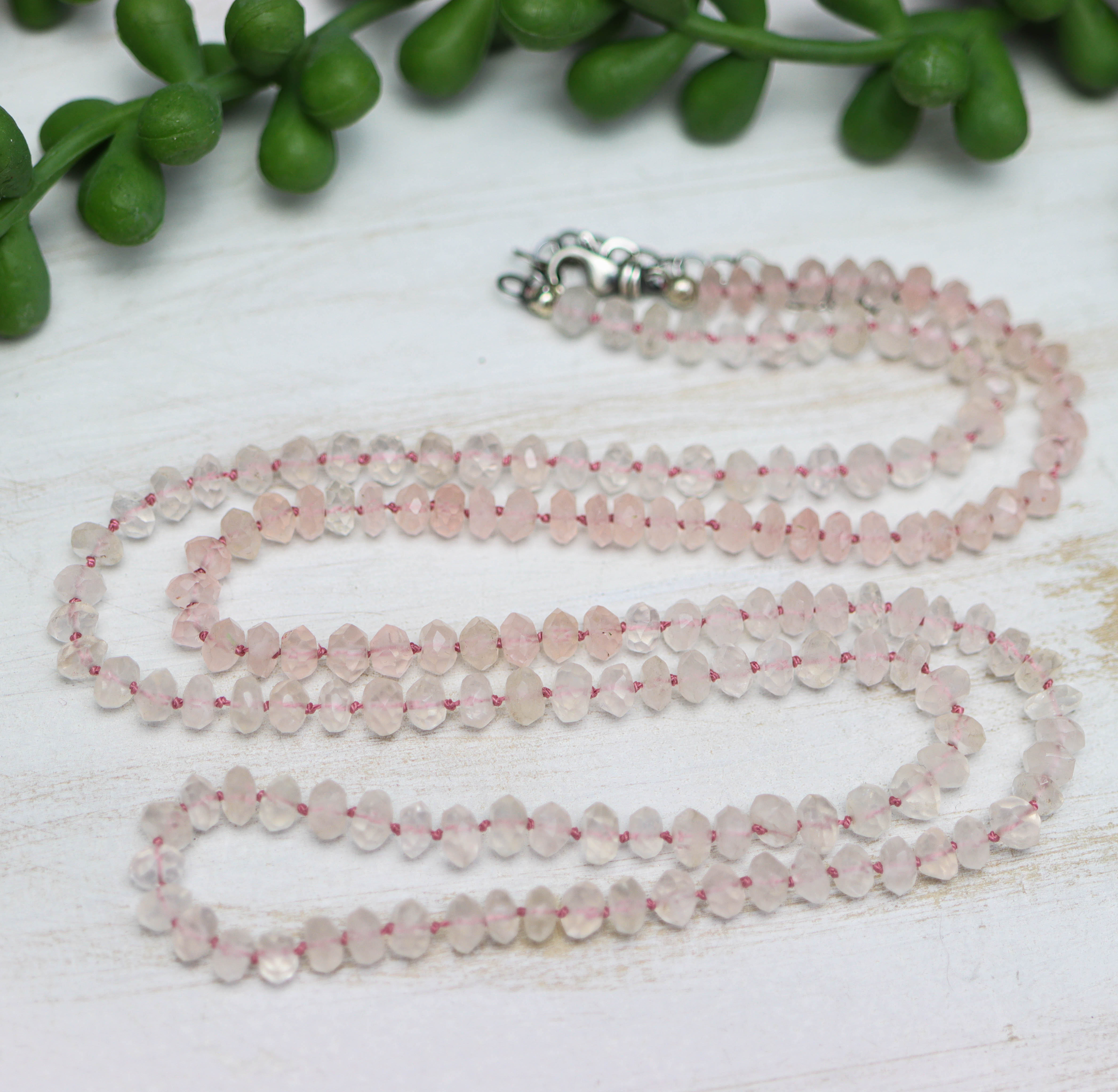 Rose Quartz Hand Knotted Bead Necklace Sterling Silver