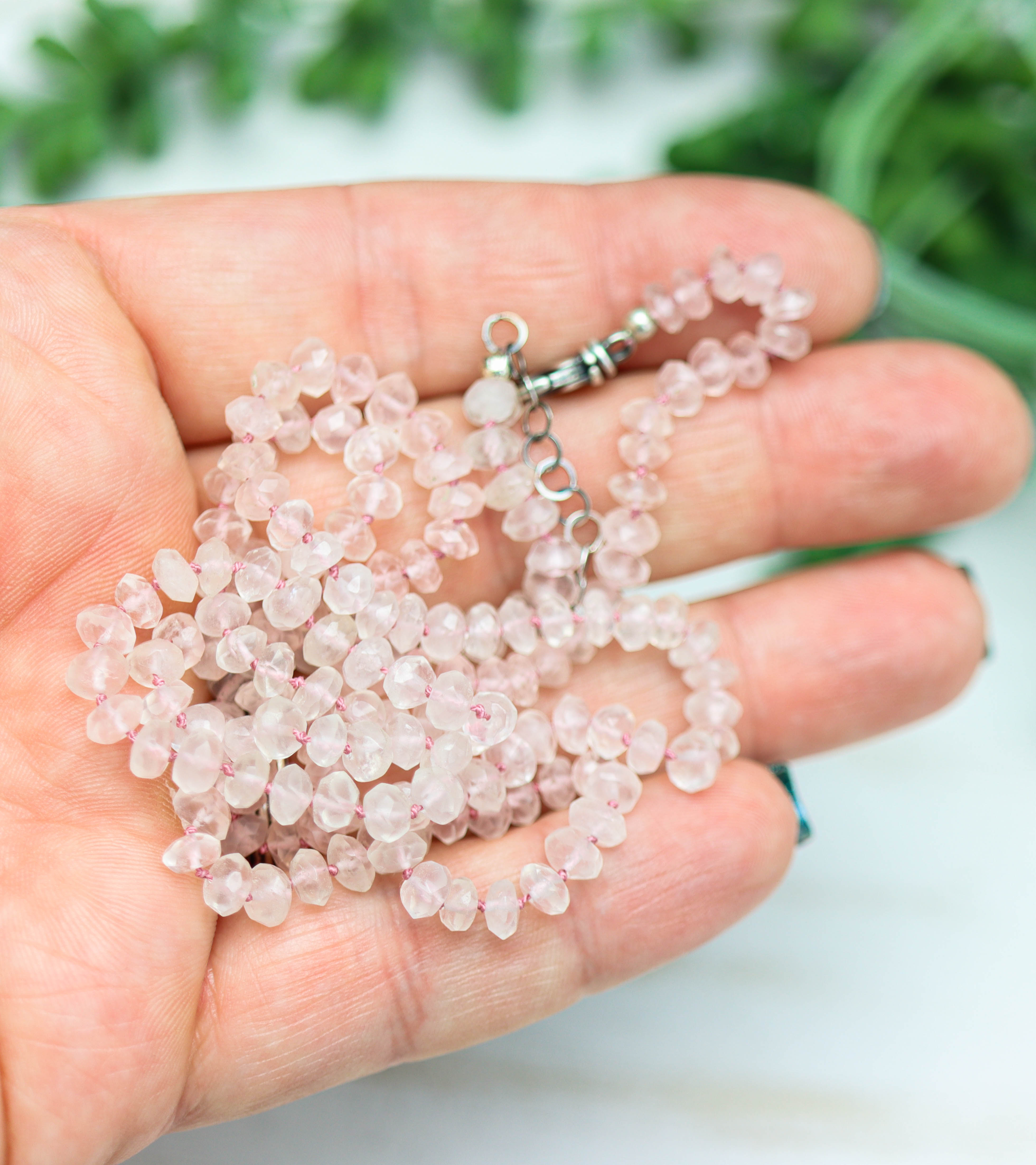 Rose Quartz Hand Knotted Bead Necklace Sterling Silver