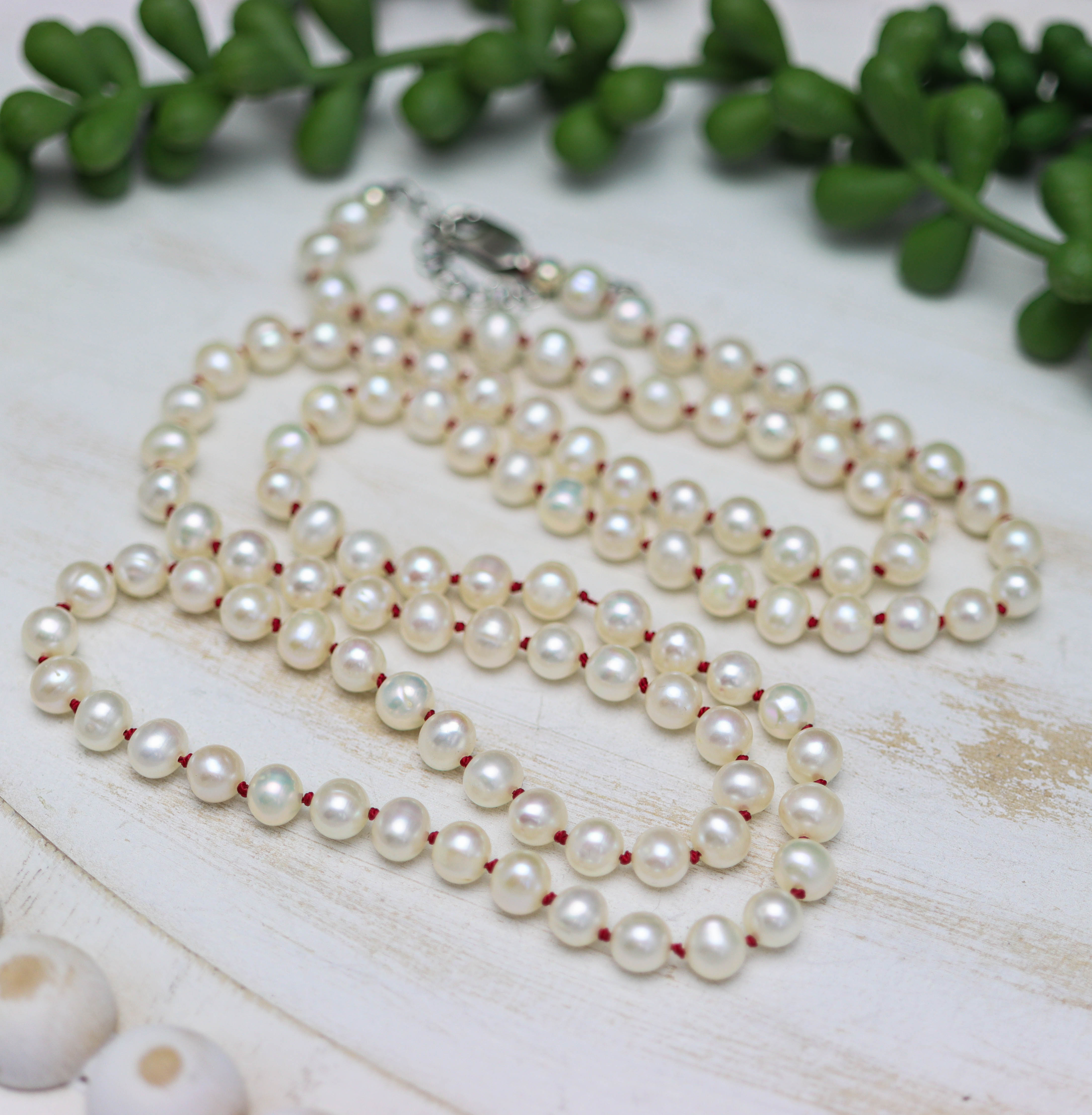 White Freshwater Pearl Hand Knotted Bead Necklace Sterling Silver