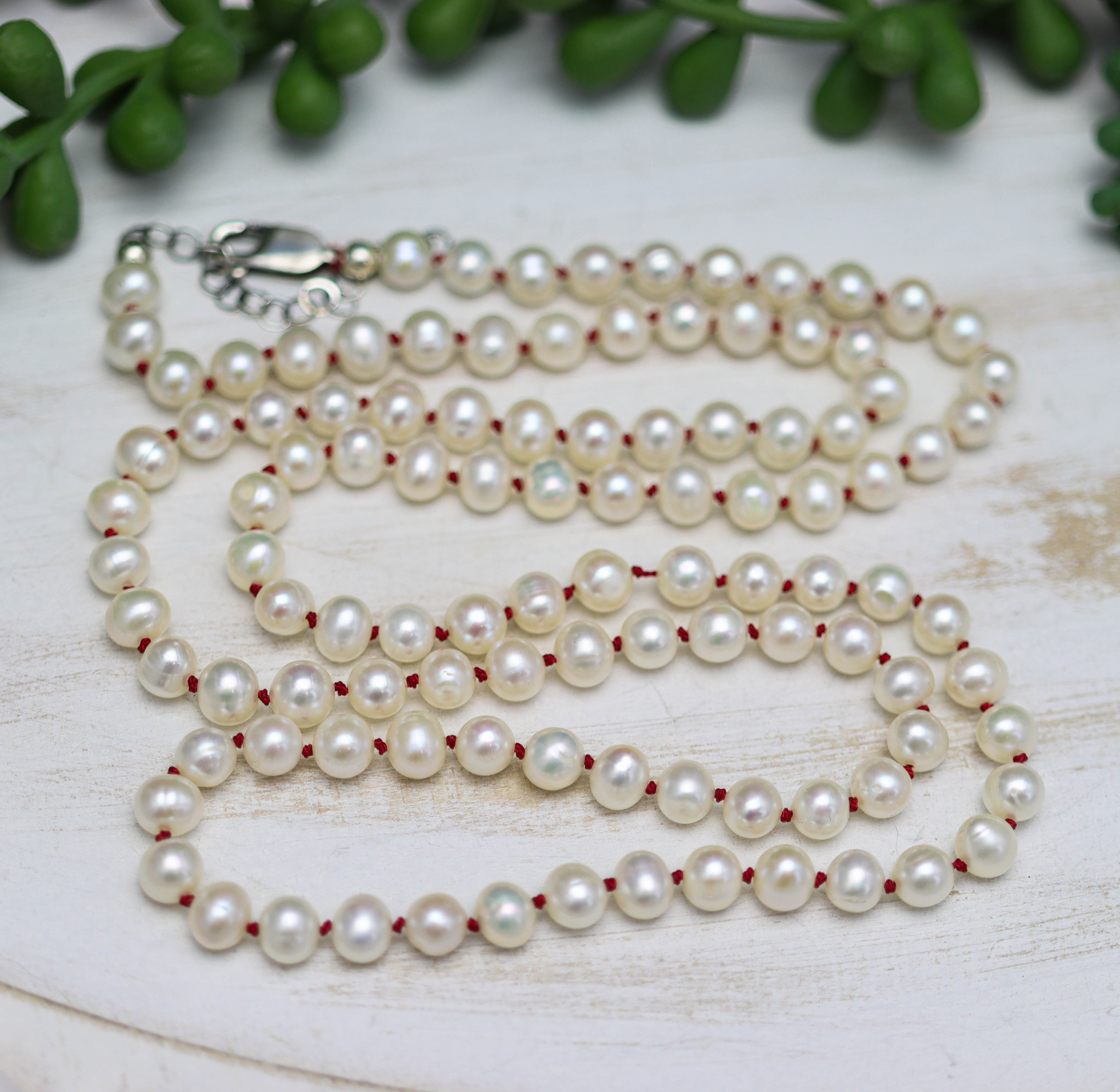White Freshwater Pearl Hand Knotted Bead Necklace Sterling Silver