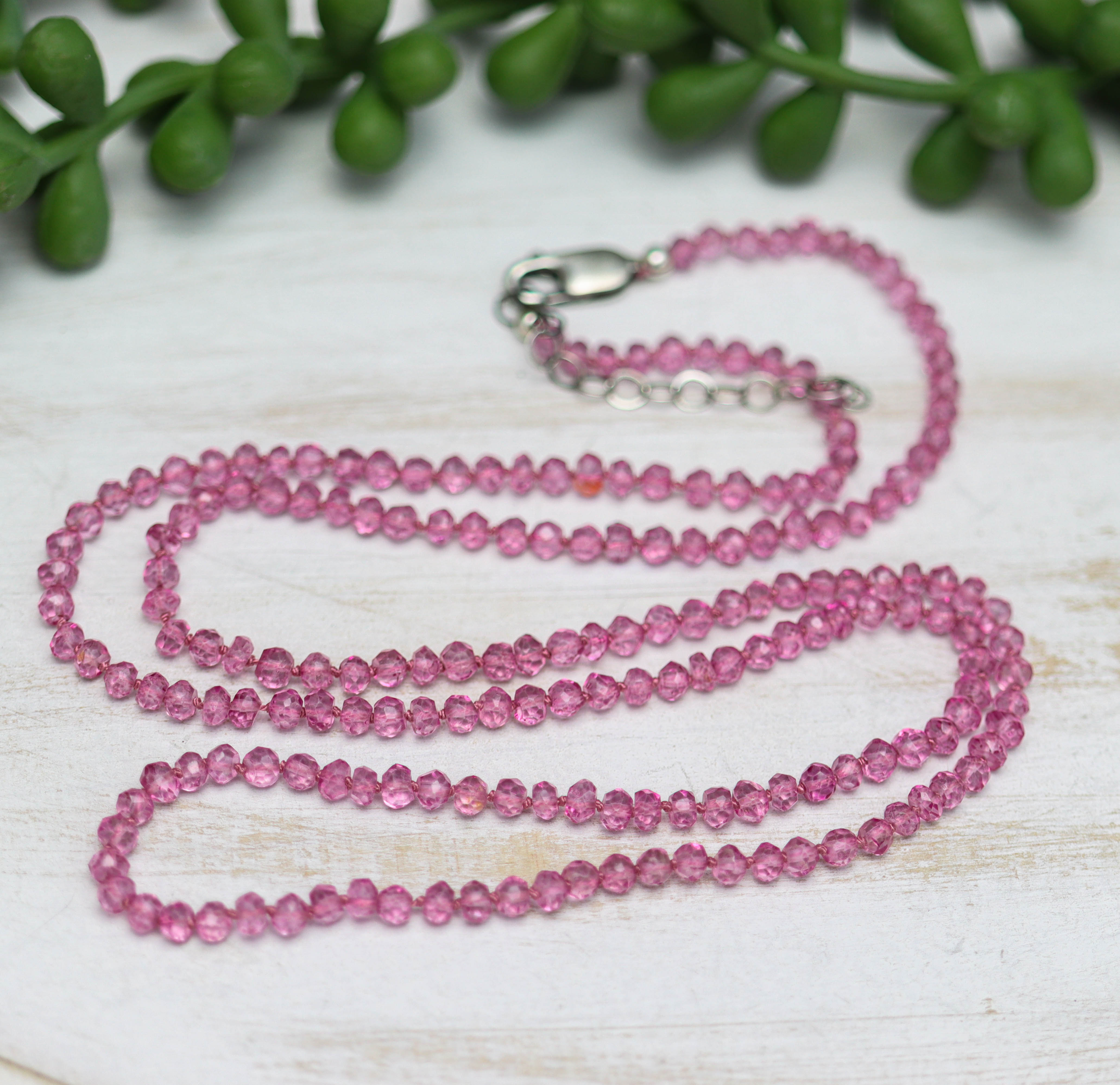 Pink Quartz Hand Knotted Bead Necklace Sterling Silver
