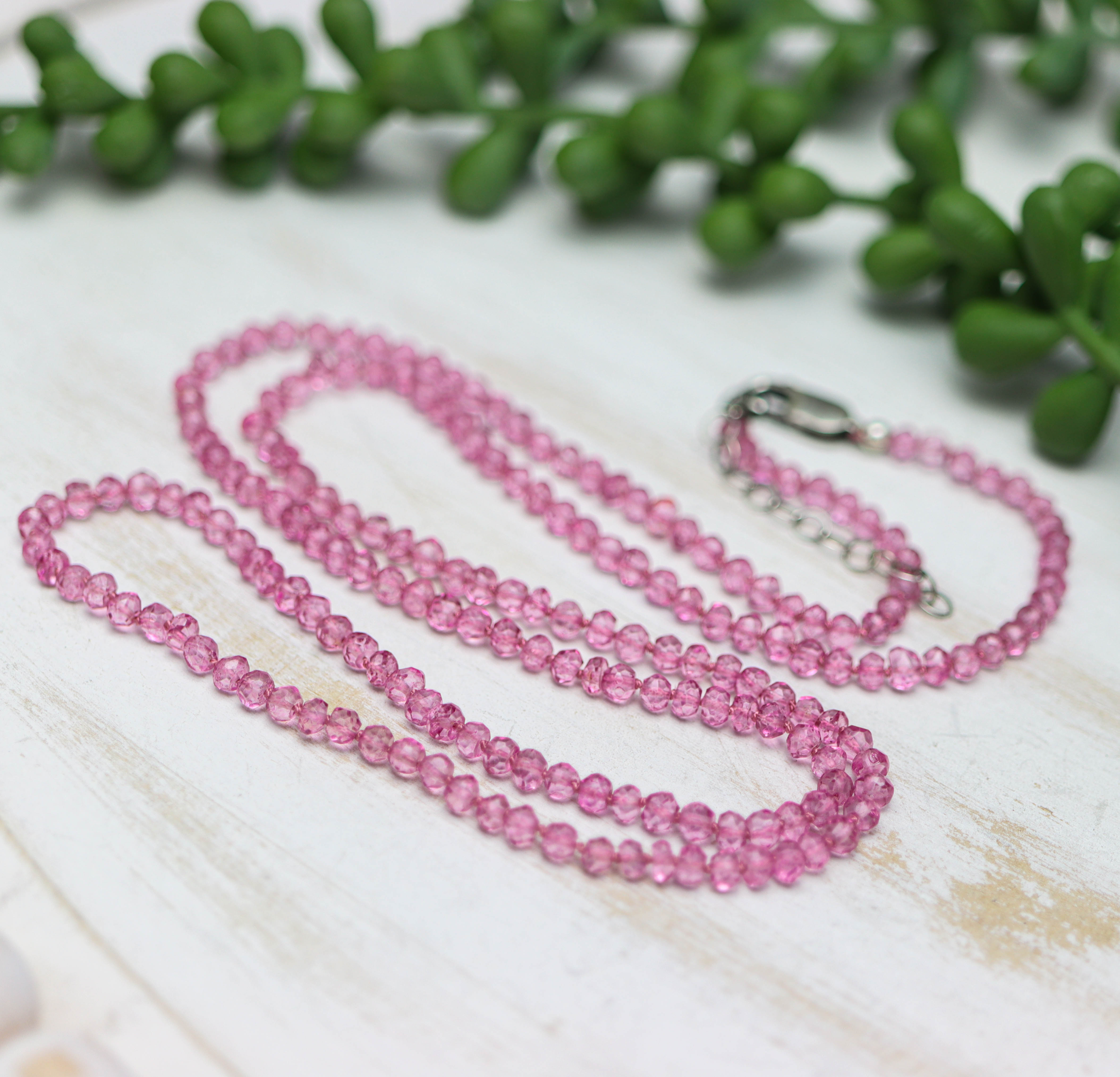 Pink Quartz Hand Knotted Bead Necklace Sterling Silver