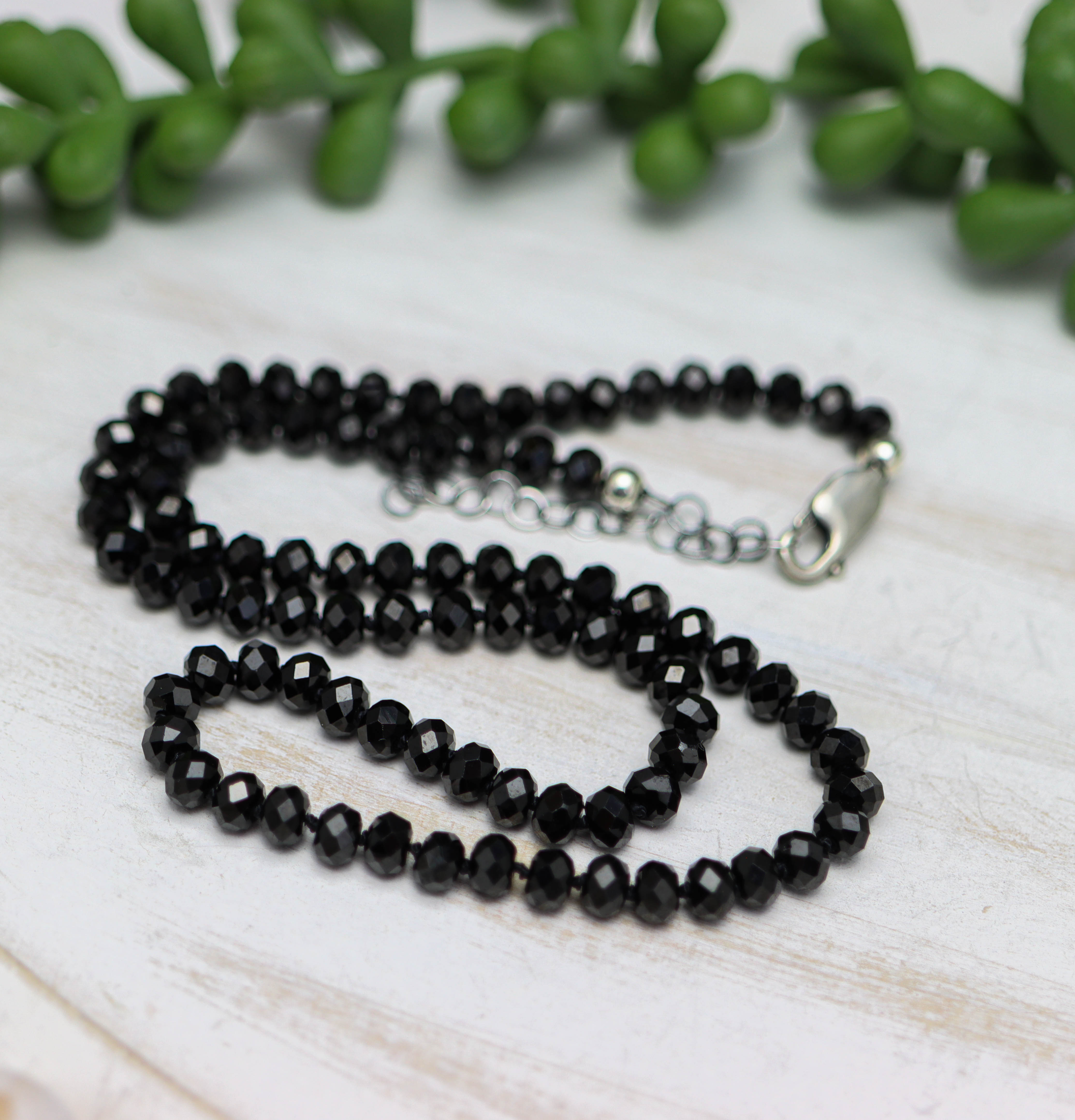 Sparkly Black Spinel Hand Knotted Bead Necklace Sterling Silver 16 Inch