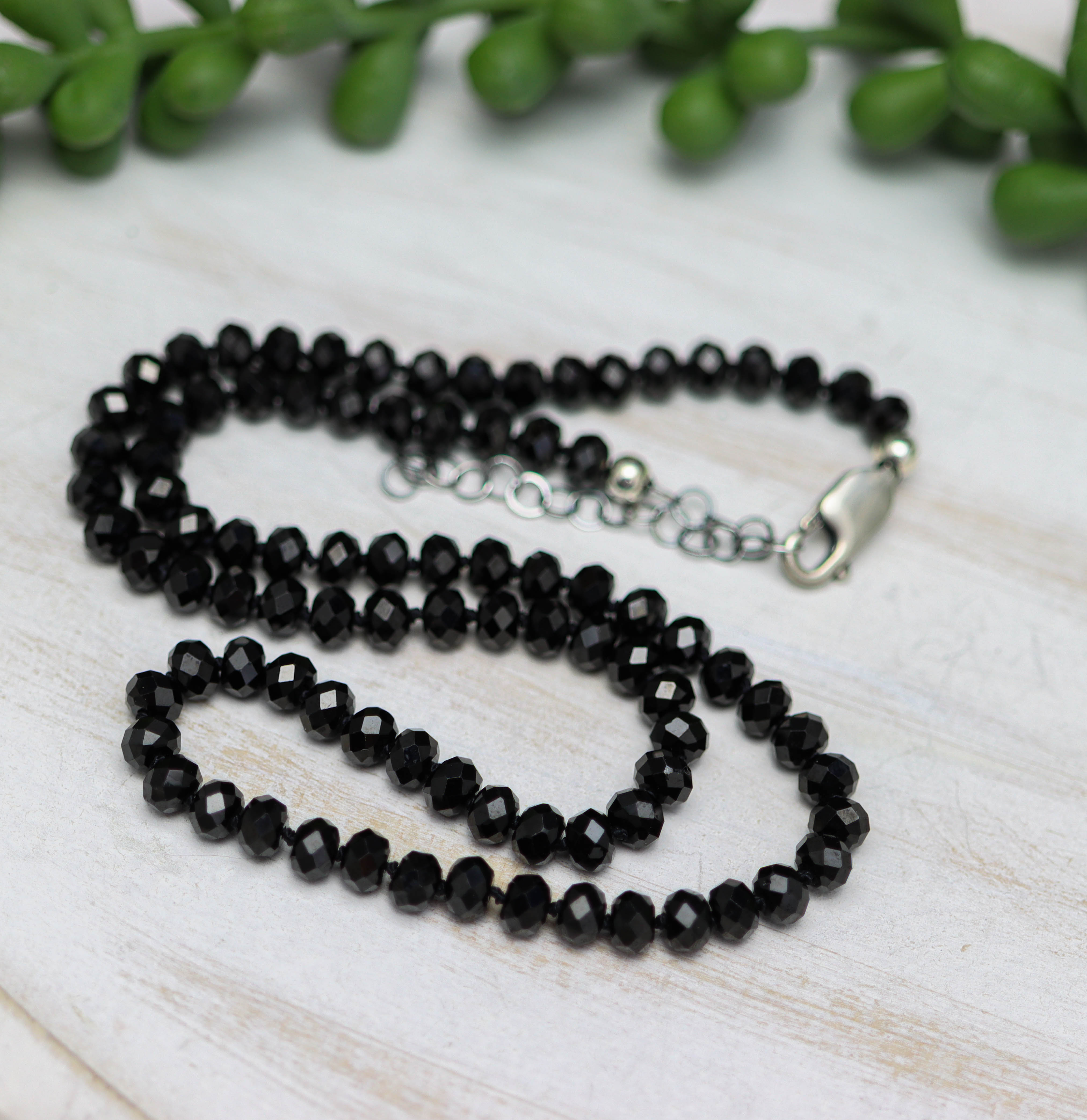Sparkly Black Spinel Hand Knotted Bead Necklace Sterling Silver 16 Inch