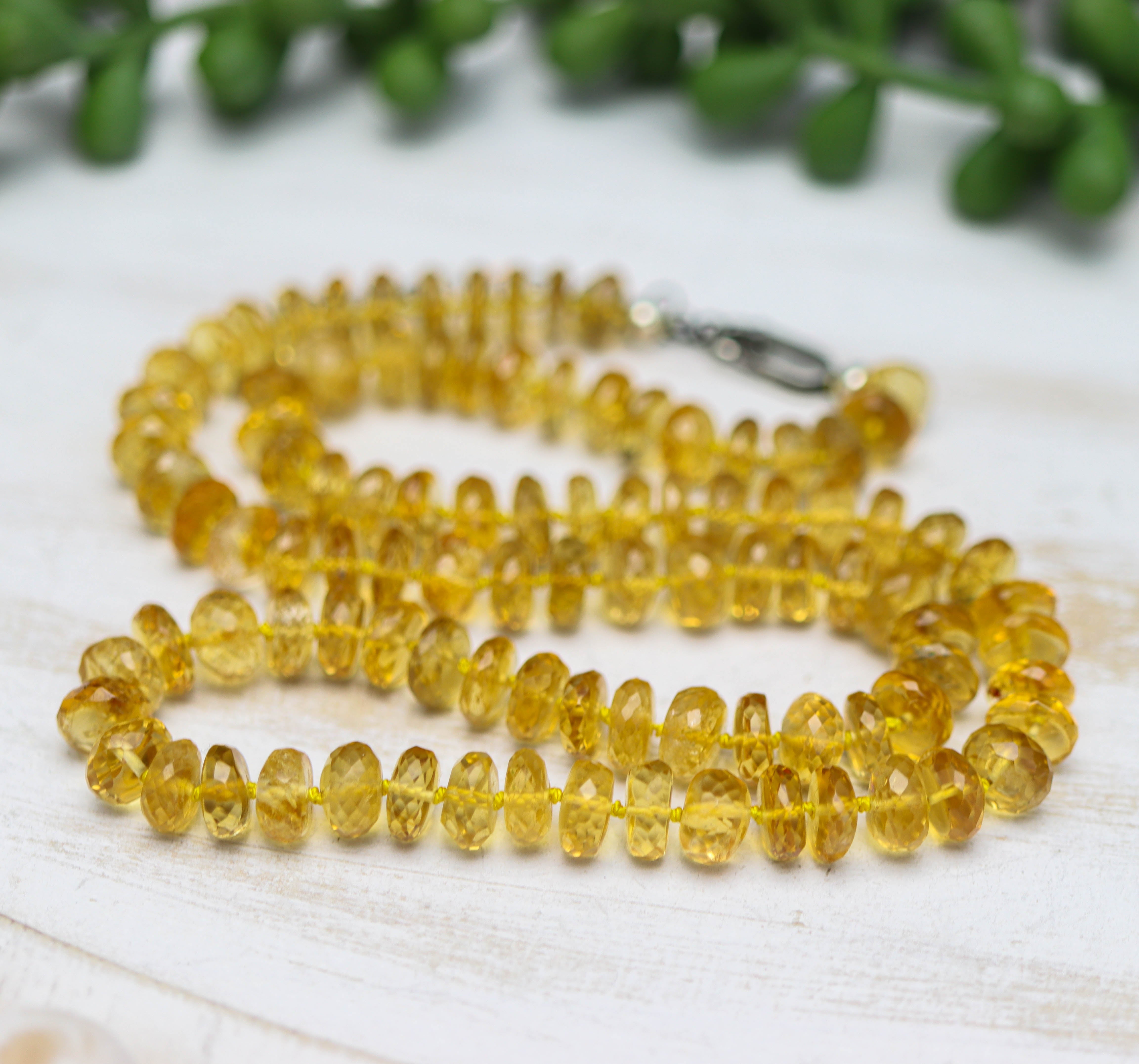 Stunning Yellow Citrine Hand Knotted Bead Necklace Sterling Silver