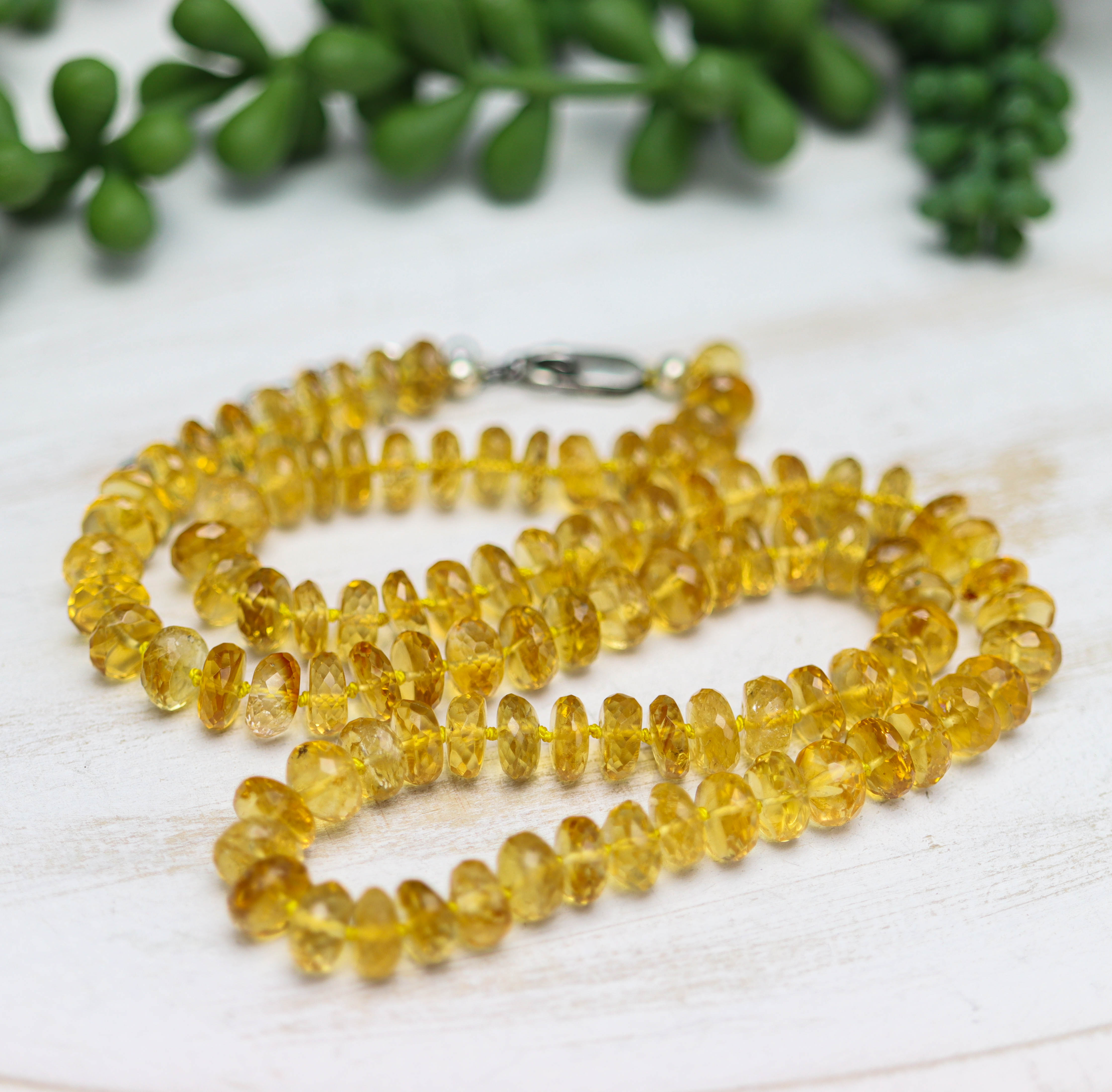 Stunning Yellow Citrine Hand Knotted Bead Necklace Sterling Silver