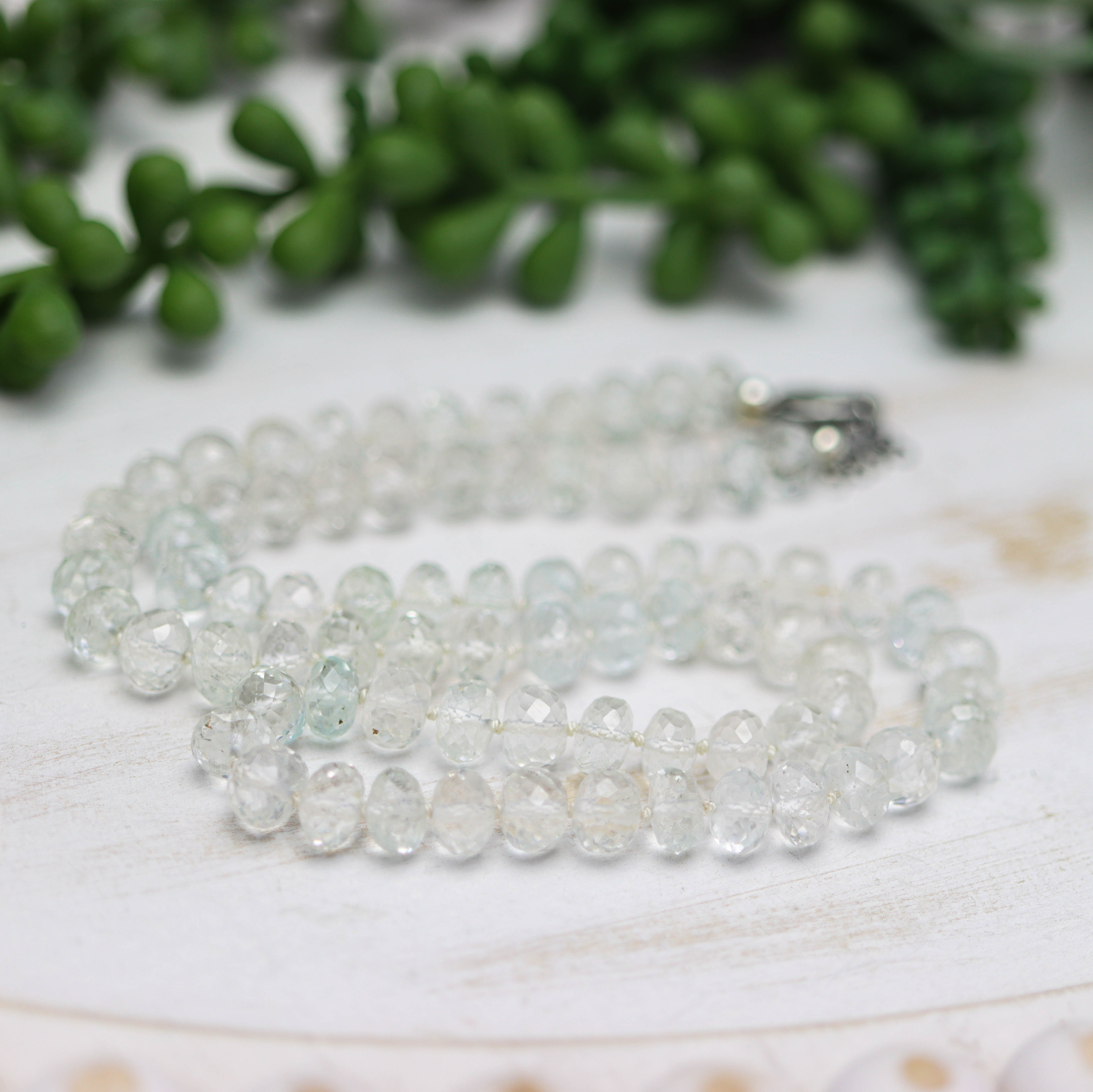 White Topaz Hand Knotted Bead Necklace Sterling Silver