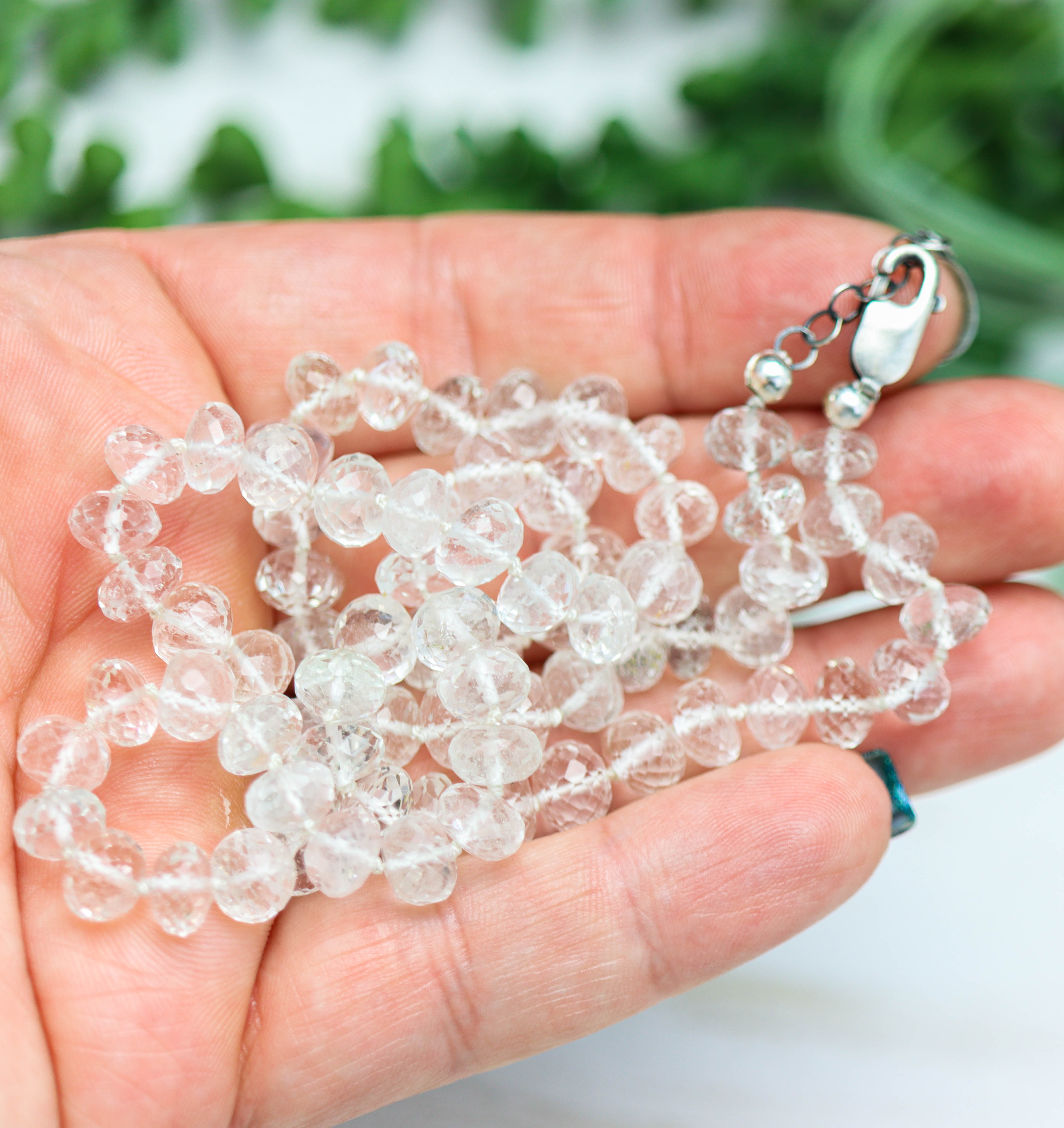 White Topaz Hand Knotted Bead Necklace Sterling Silver