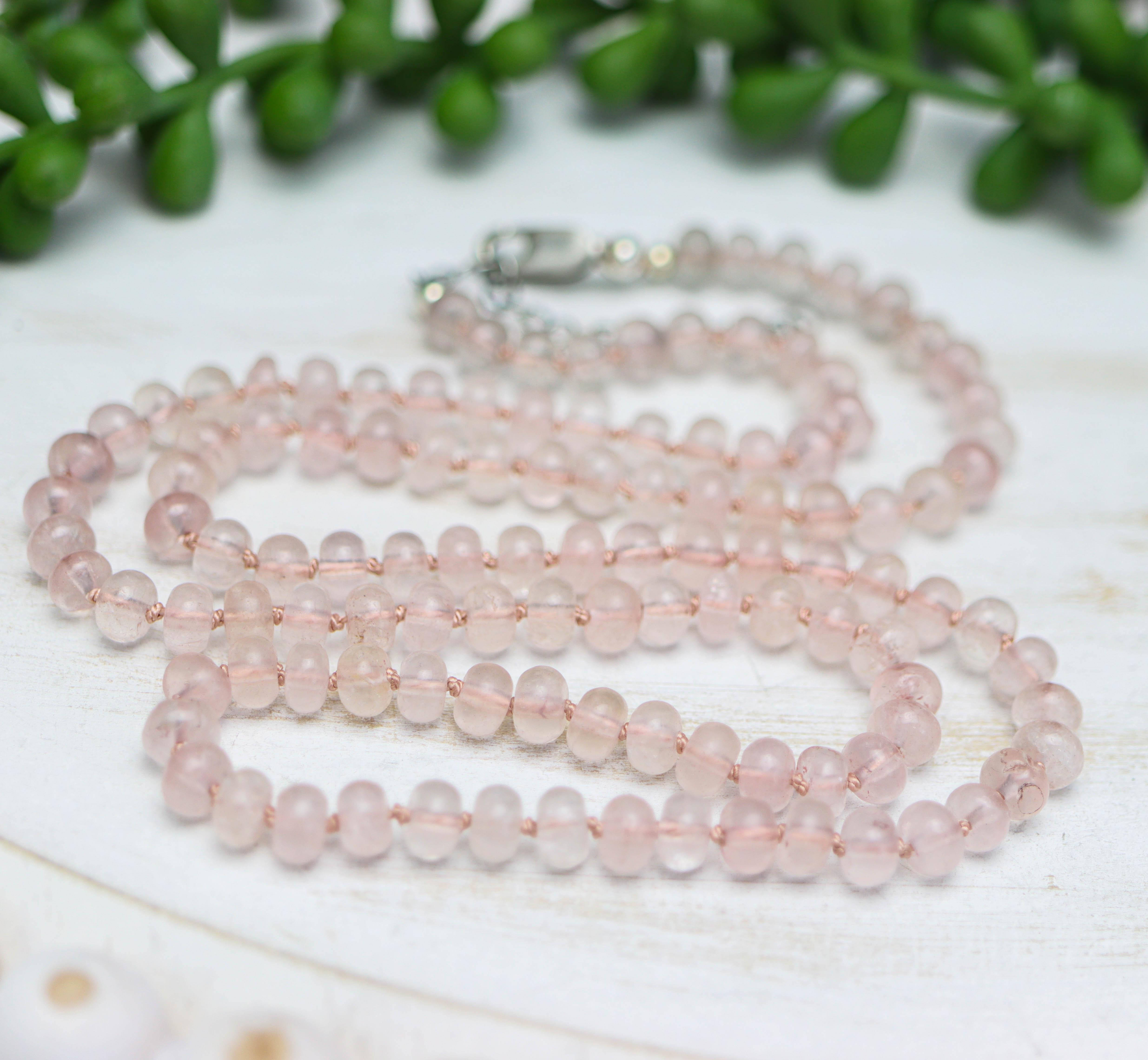 Rose Quartz Hand Knotted Bead Necklace Sterling Silver 18 inch