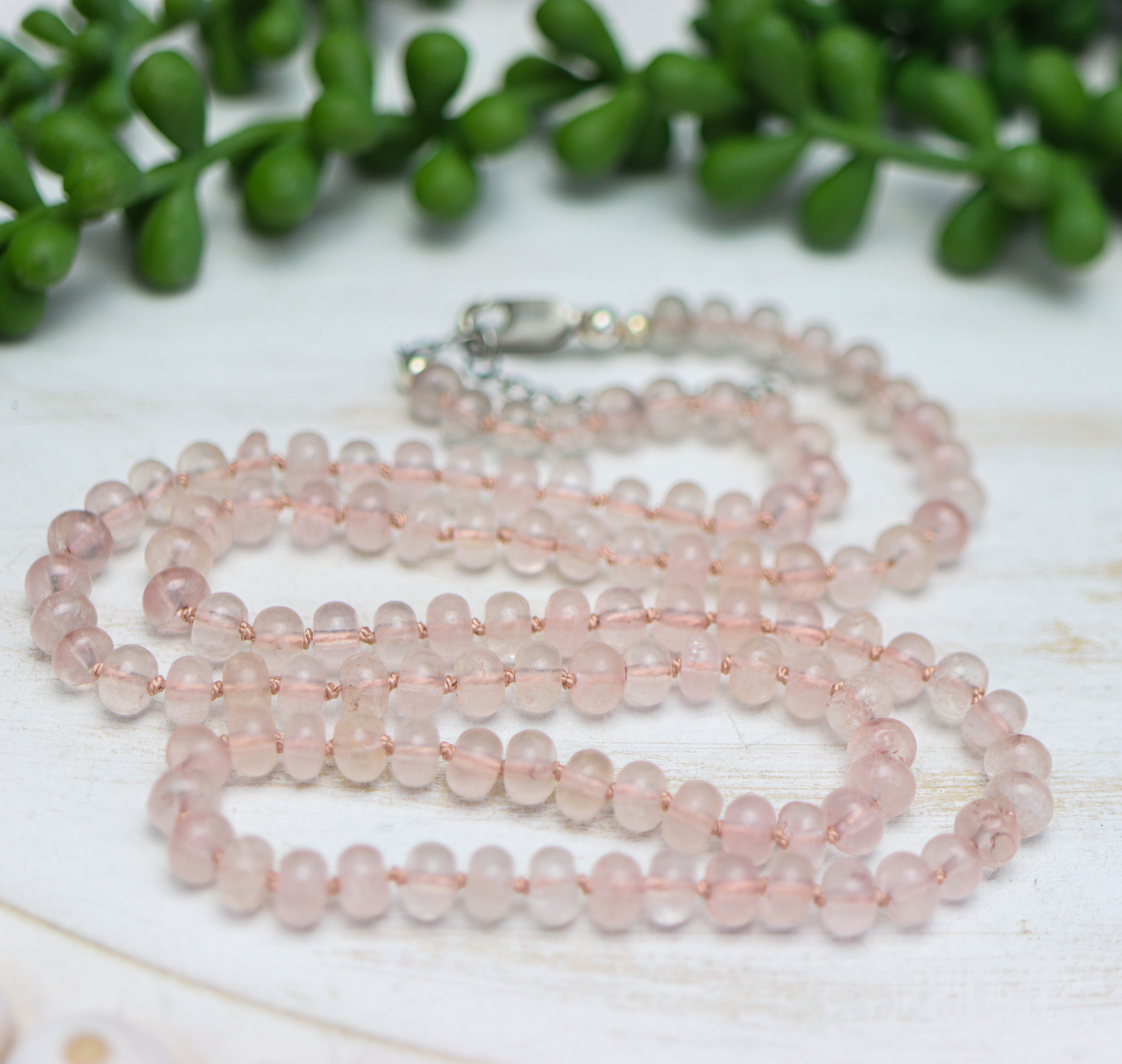 Rose Quartz Hand Knotted Bead Necklace Sterling Silver 18 inch