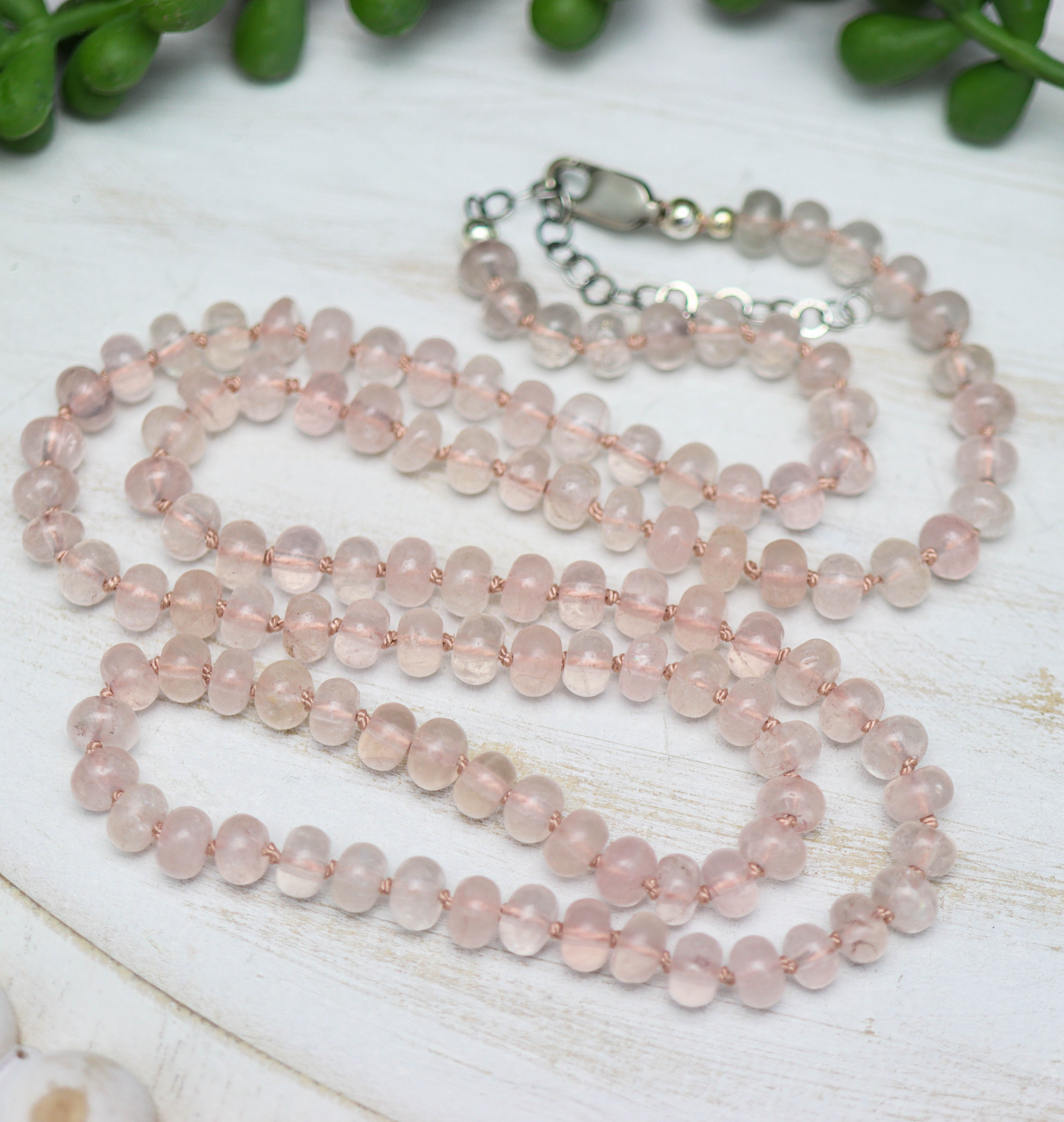 Rose Quartz Hand Knotted Bead Necklace Sterling Silver 18 inch