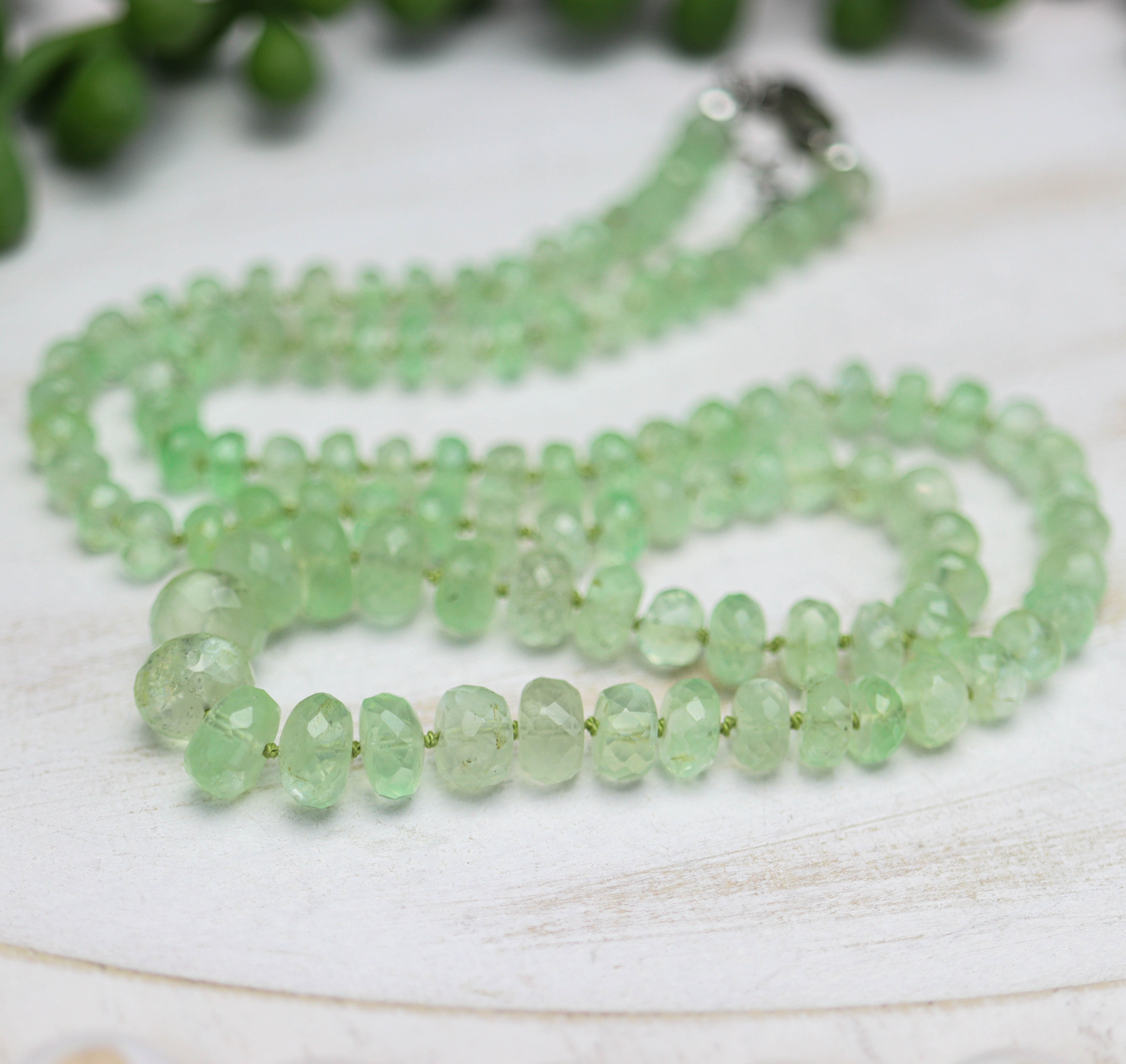 Green Aquamarine Hand Knotted Bead Necklace Sterling Silver