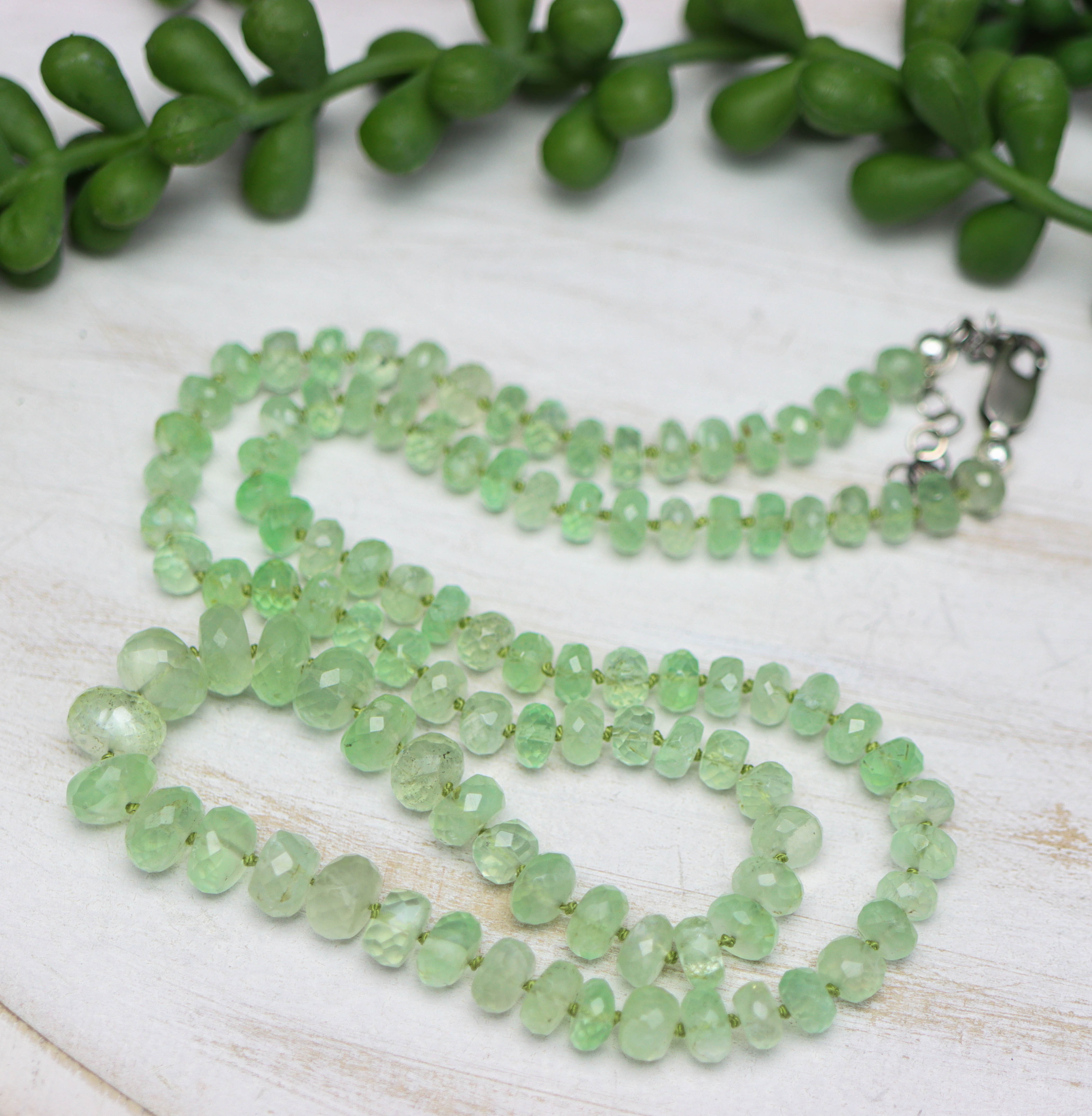 Green Aquamarine Hand Knotted Bead Necklace Sterling Silver