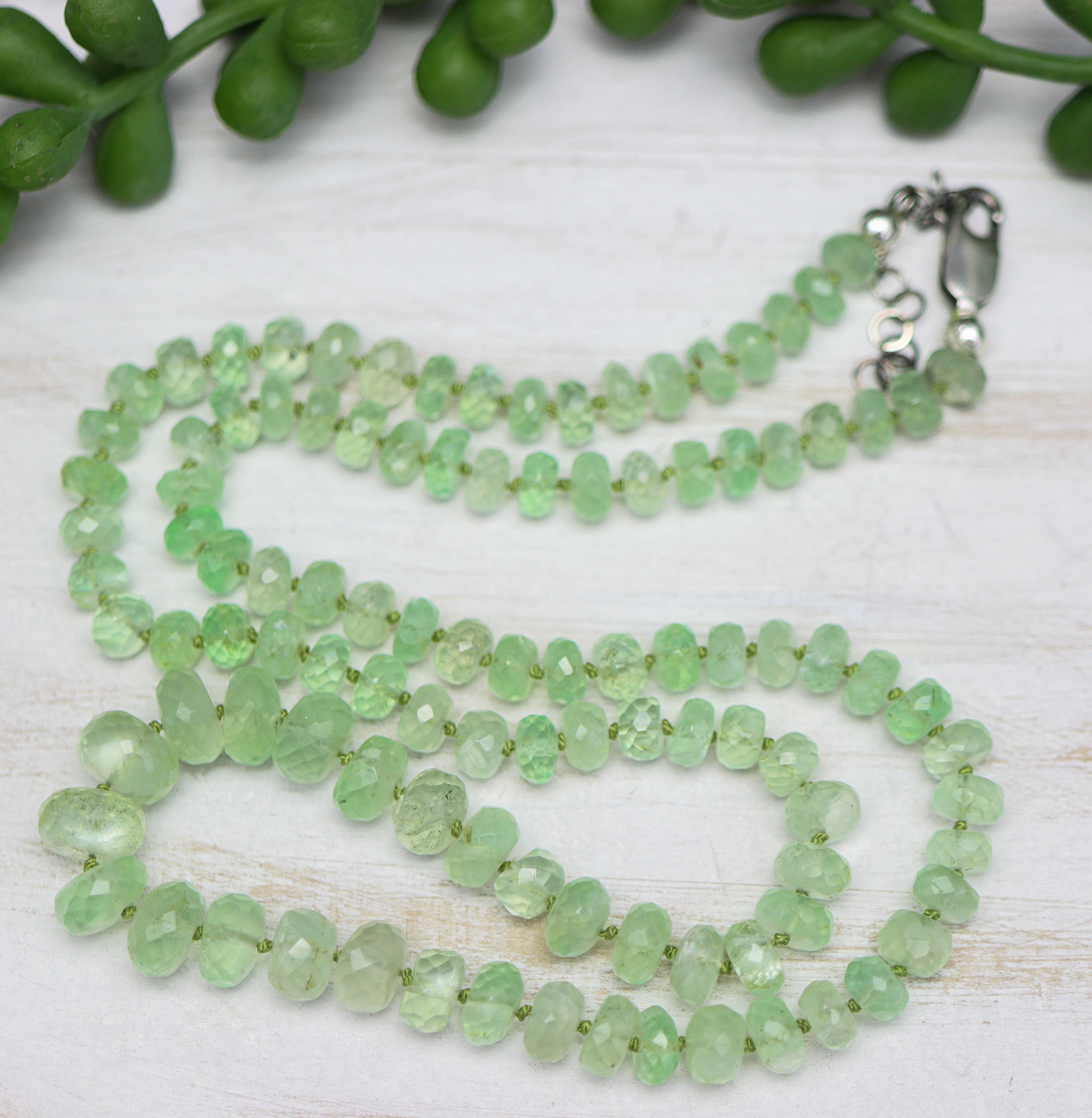 Green Aquamarine Hand Knotted Bead Necklace Sterling Silver