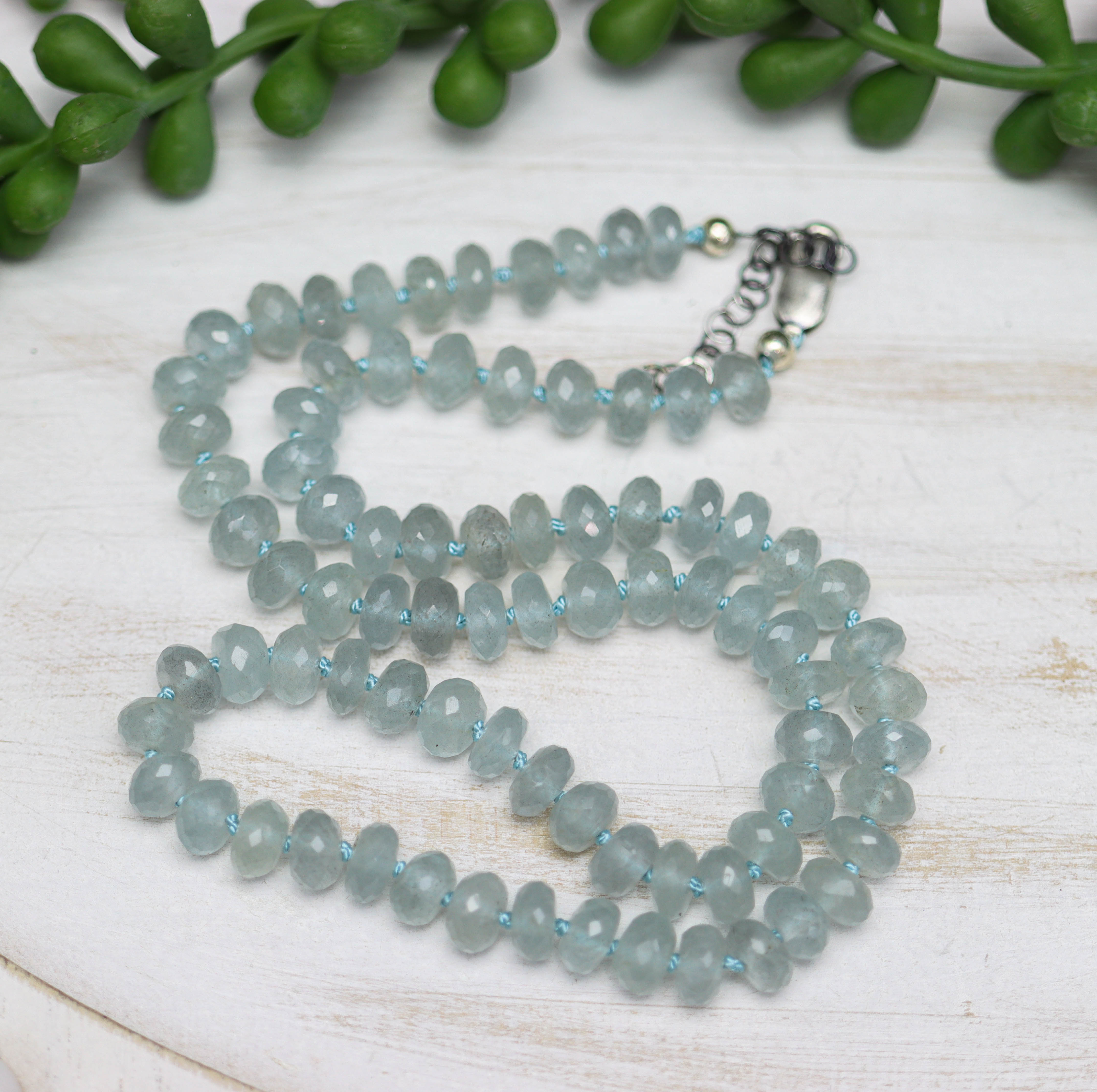 Blue Aquamarine Hand Knotted Bead Necklace Sterling Silver